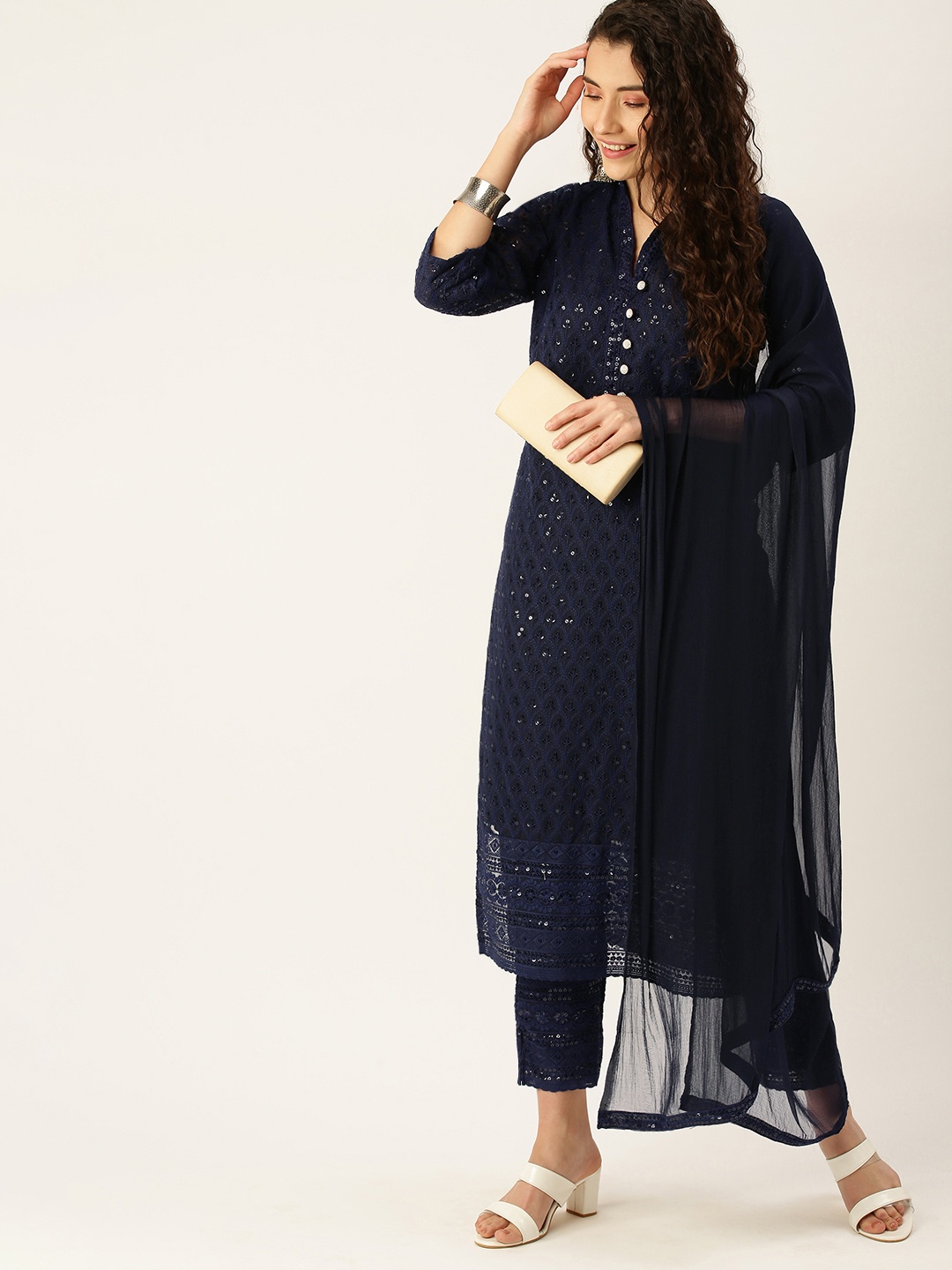 

SWAGG INDIA Women Navy Blue Ethnic Motifs Embroidered Sequinned Kurta with Trousers & With Dupatta