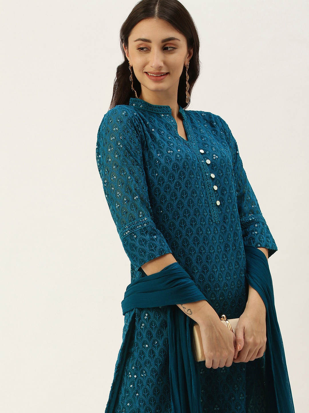 

SWAGG INDIA Women Blue Ethnic Motifs Embroidered Chikankari Kurta with Trousers & With Dupatta