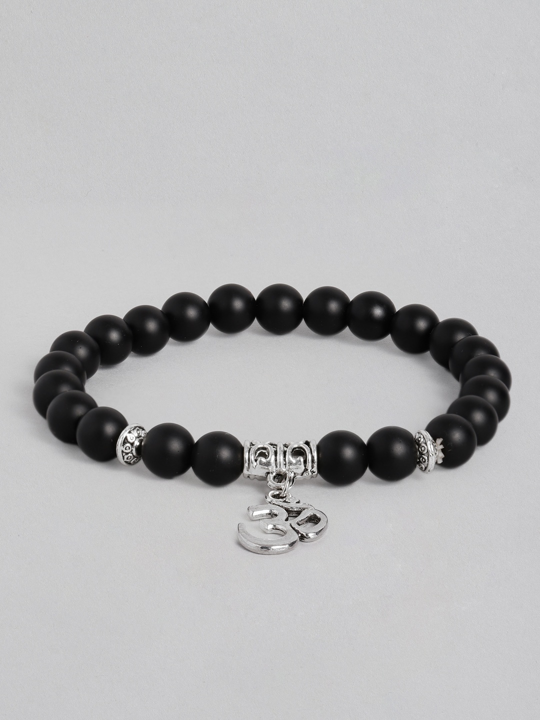 

EL REGALO Men Black & Silver-Toned Handcrafted Om Elasticated Charm Bracelet