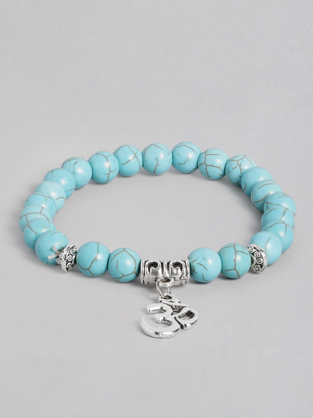 

EL REGALO Men Turquoise Blue & Silver-Toned Handcrafted Om Elasticated Charm Bracelet