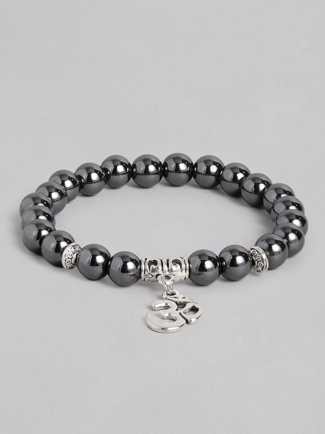 

EL REGALO Men Charcoal Grey & Silver-Toned Handcrafted Om Elasticated Charm Bracelet