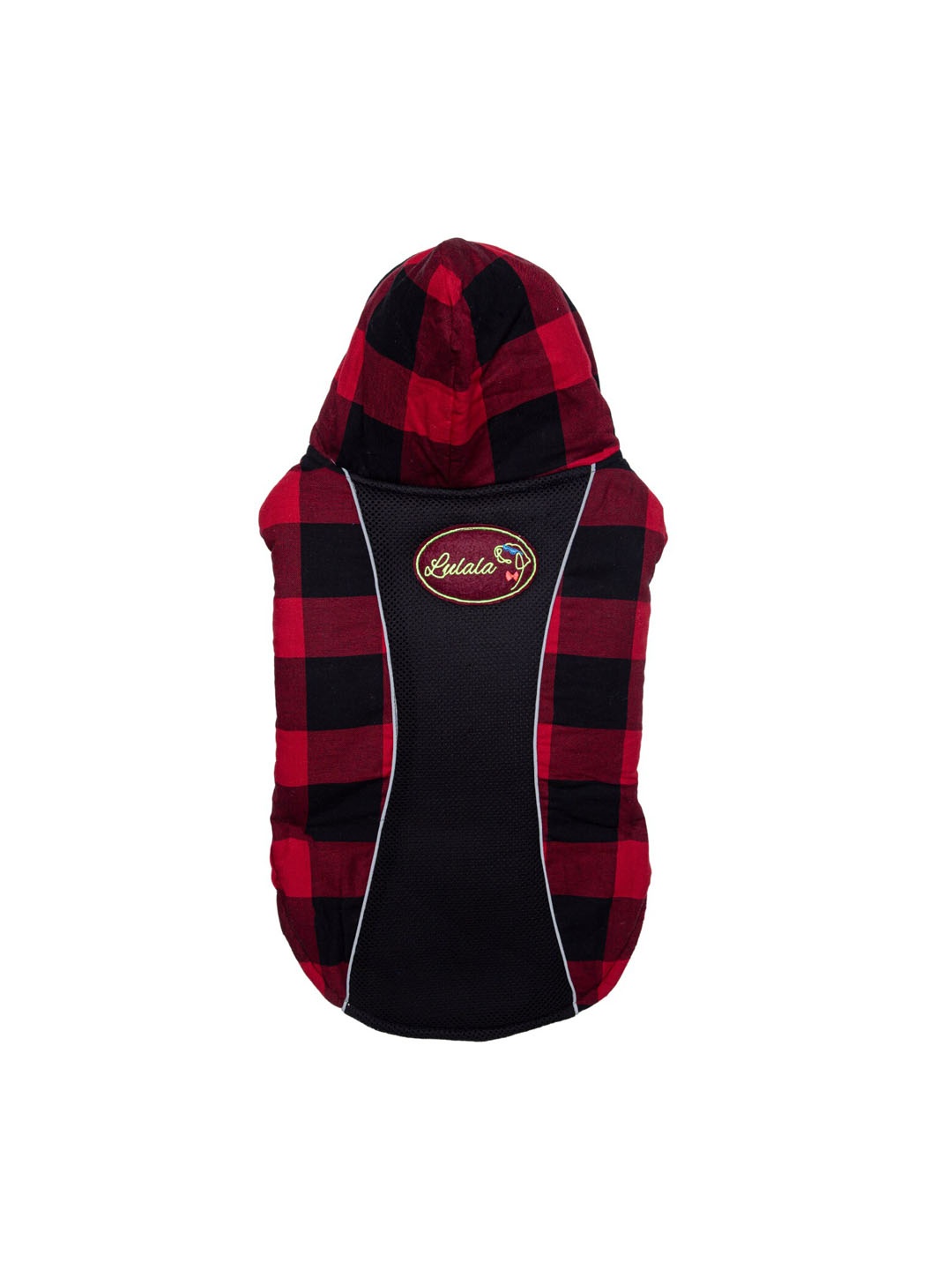 

Lulala Red & Black Checked Cotton Reflective Striped Reversible Hoodie Dog Jacket