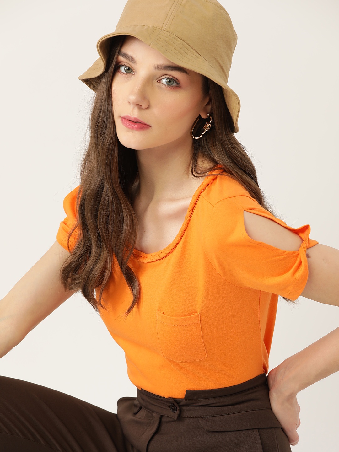 

DressBerry Orange Solid Slit Sleeves Sustainable Top with Braided Edges