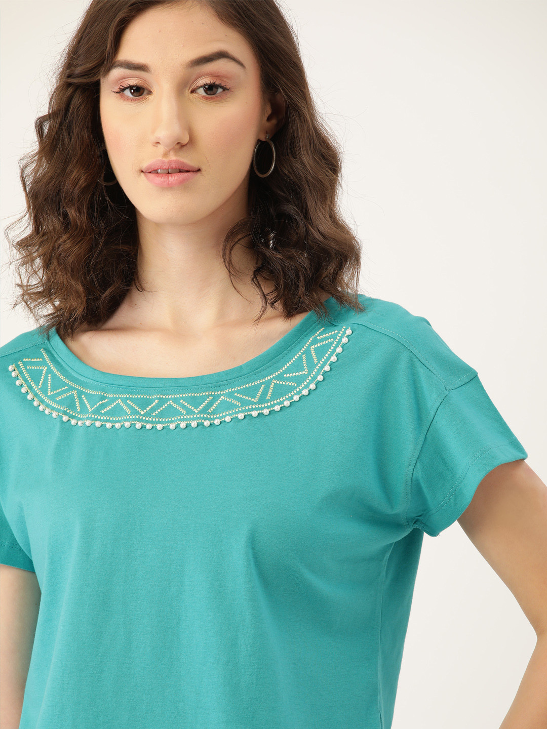 

DressBerry Blue Embellished Drop-Shoulder Sleeves Styled Back Sustainable Top