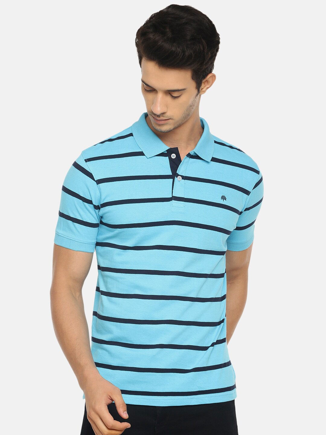 

Chennis Men Blue Striped Polo Collar Cotton Slim Fit T-shirt