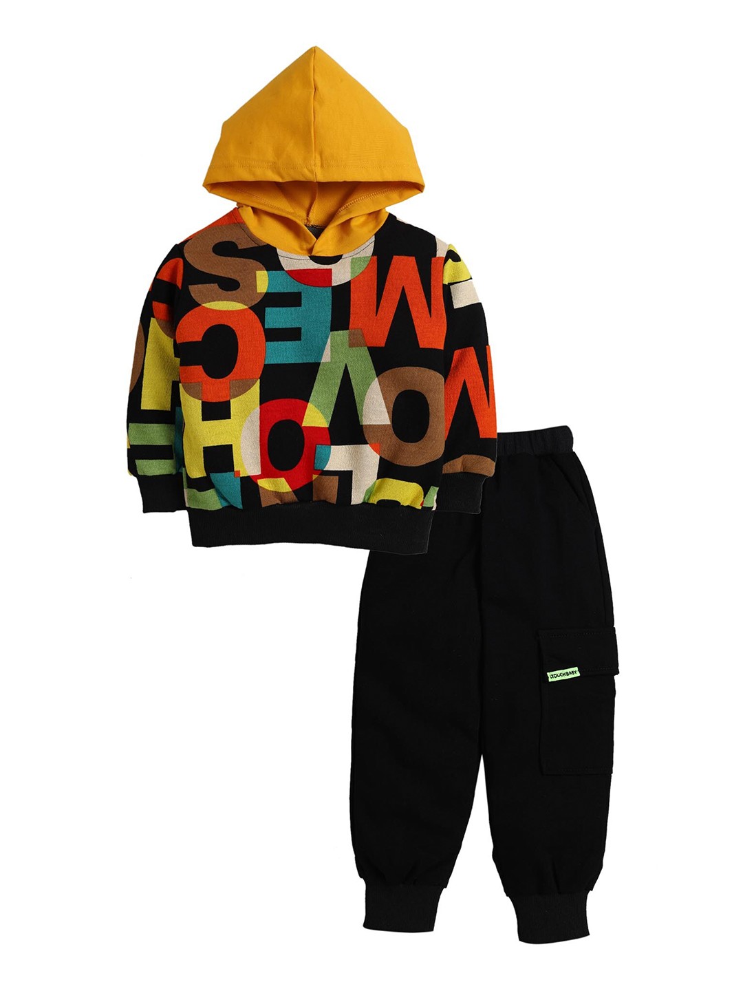 

Hopscotch Boys Black & Yellow Printed Hooded Sweatshirt with Jogger