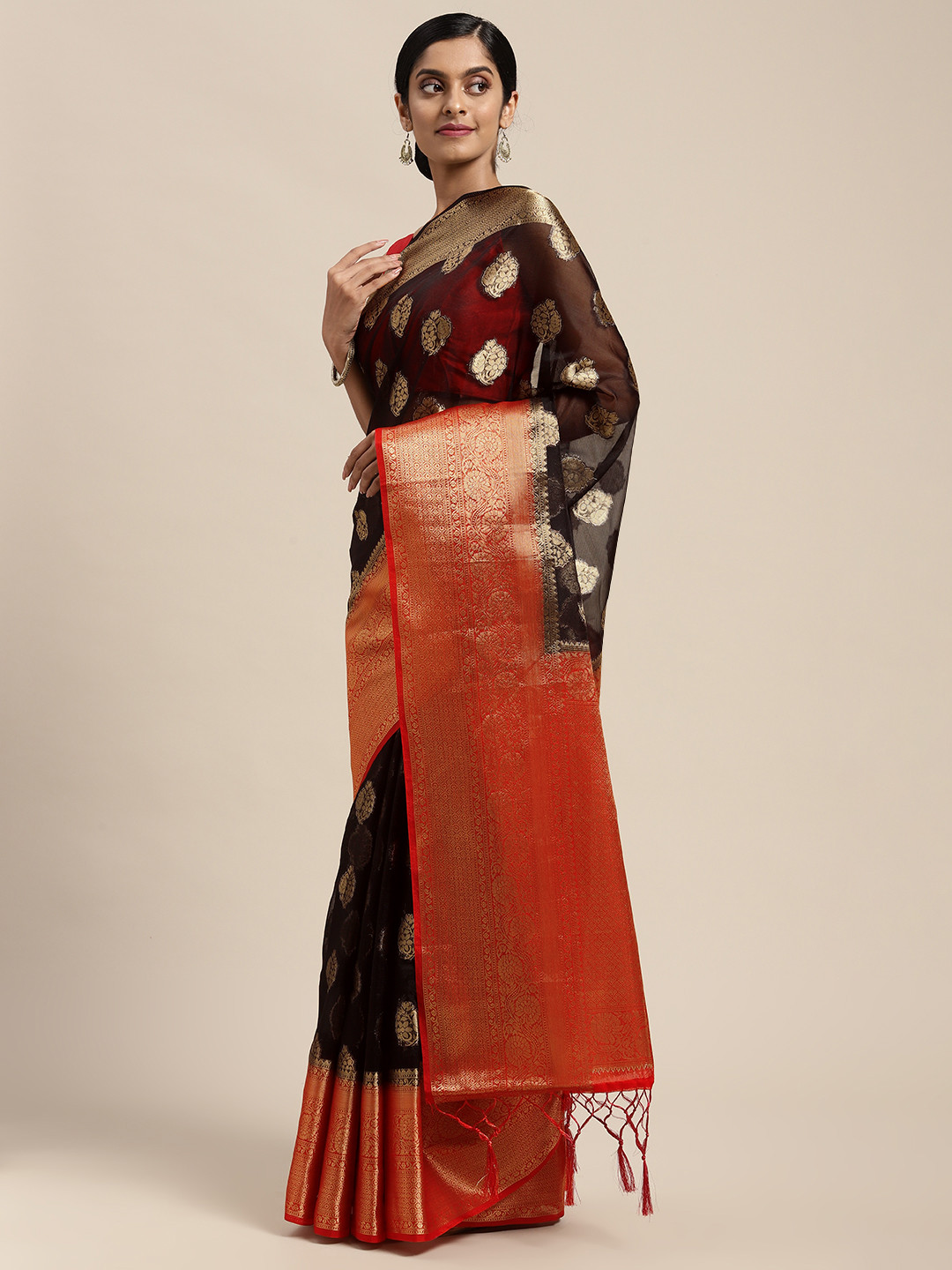 

Mitera Black & Red Woven Design Zari Silk Blend Banarasi Saree