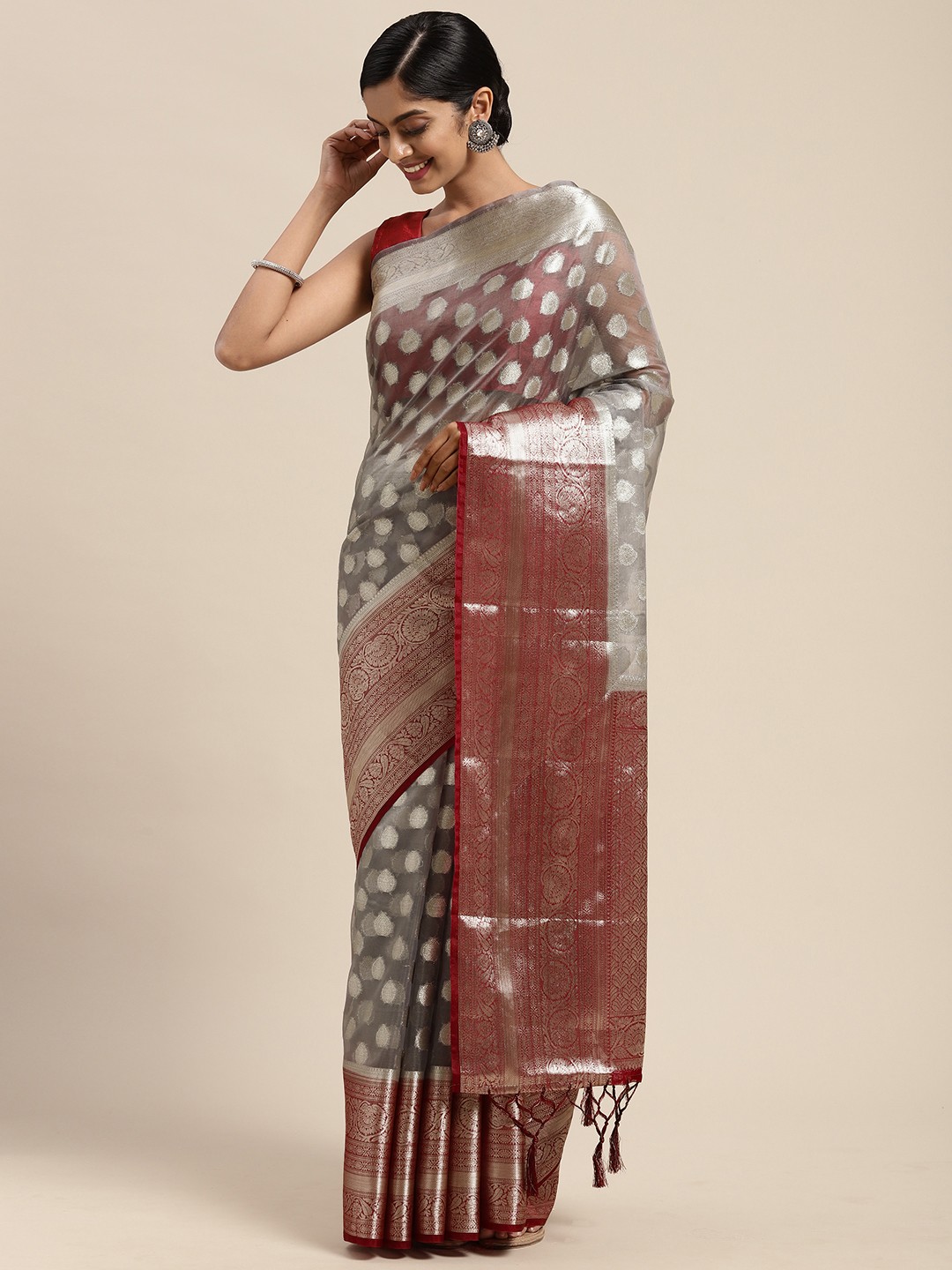 

Mitera Grey Woven Design Zari Silk Blend Banarasi Saree