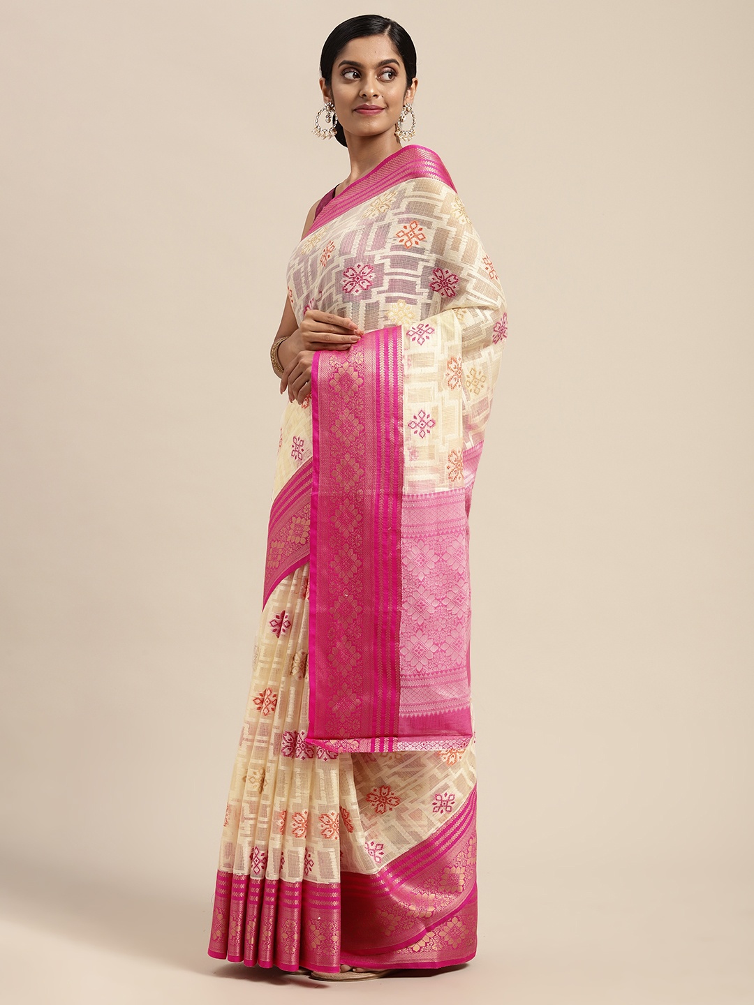 

Mitera Beige & Pink Woven Design Zari Silk Cotton Saree