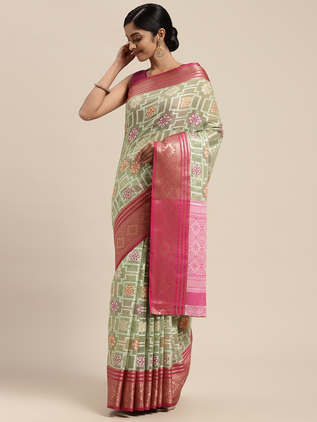 

Mitera Green & Pink Woven Design Zari Silk Cotton Saree