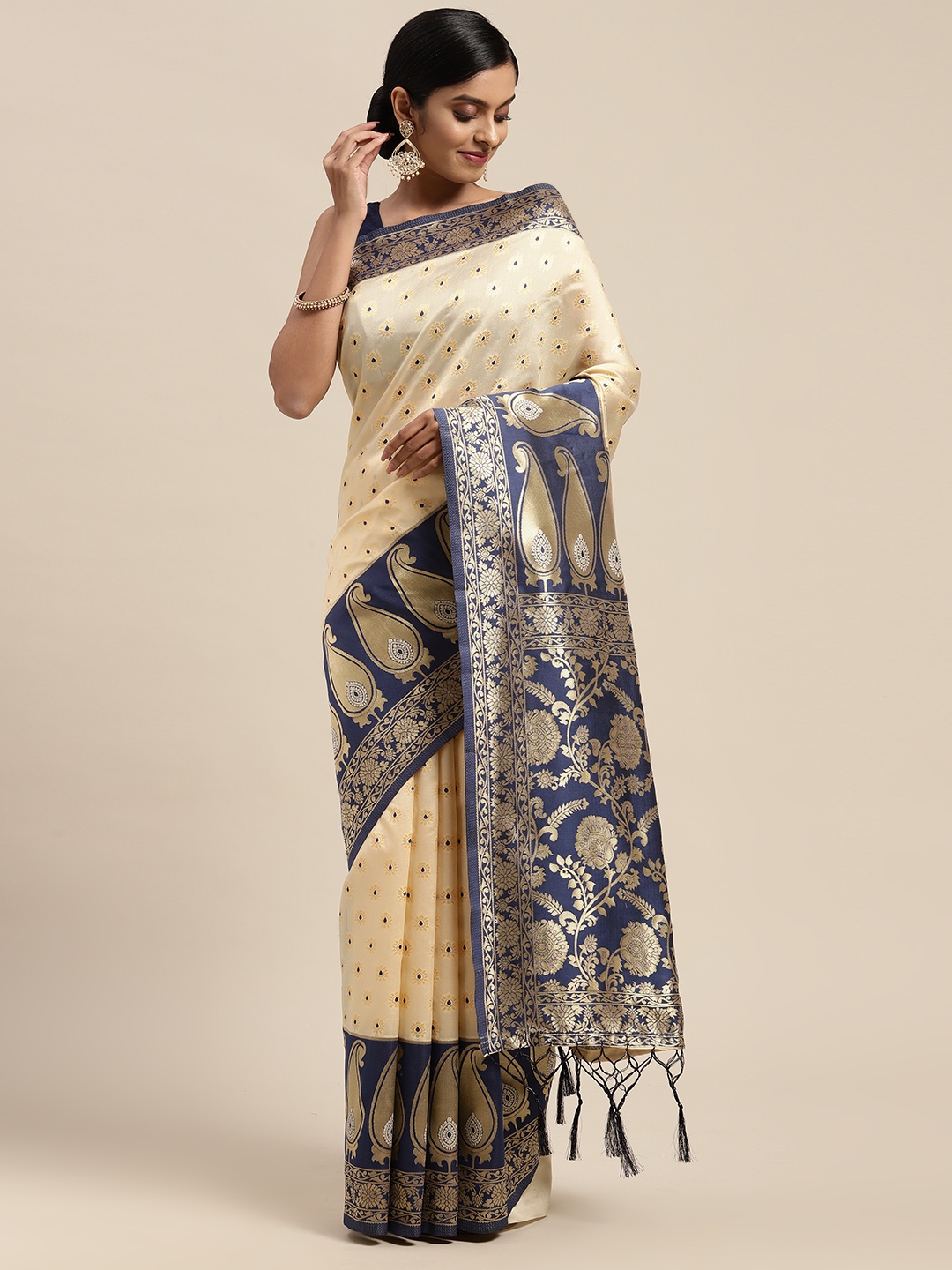 

Mitera Off White & Navy Blue Woven Design Zari Silk Blend Banarasi Saree