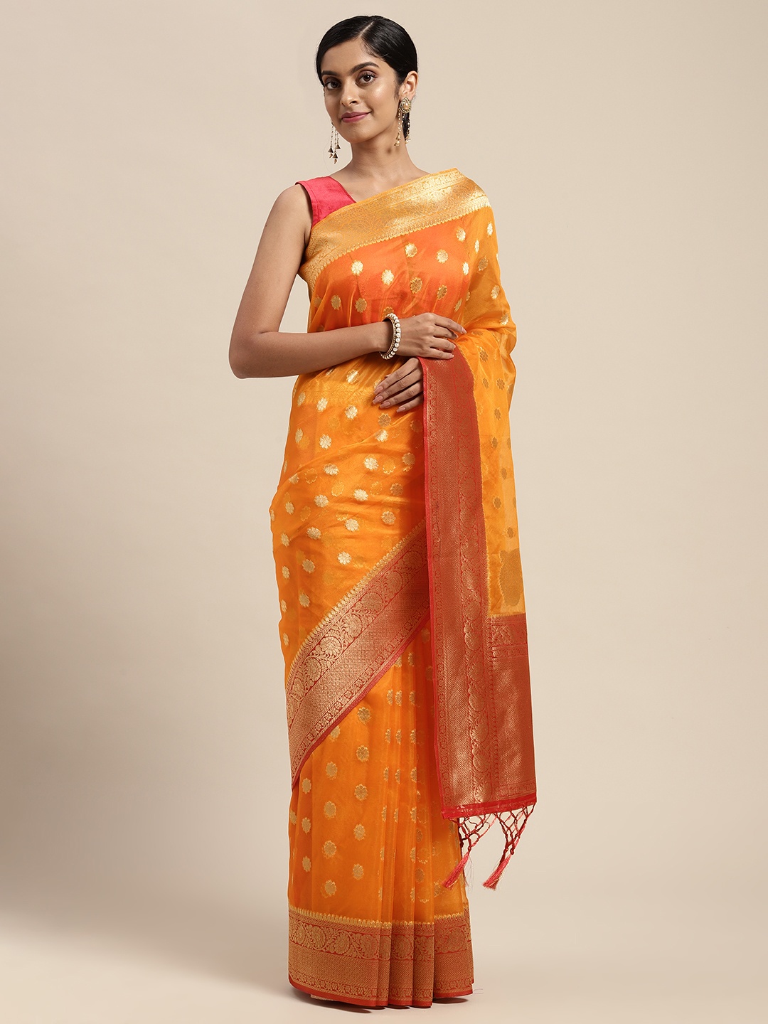 

Mitera Orange Woven Design Zari Silk Blend Banarasi Saree