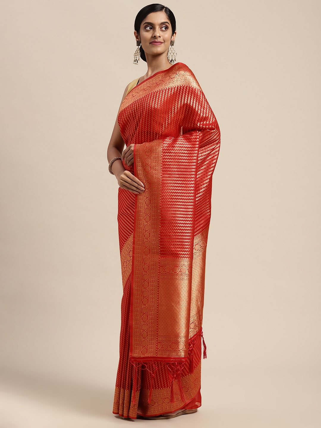 

Mitera Red Woven Design Zari Silk Blend Banarasi Saree