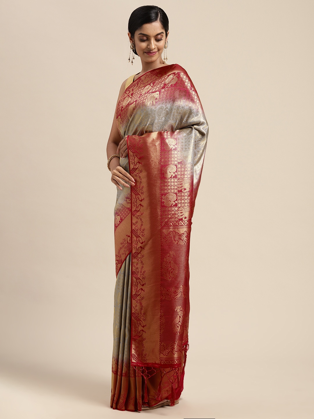 

Mitera Grey & Red Woven Design Zari Silk Blend Banarasi Saree