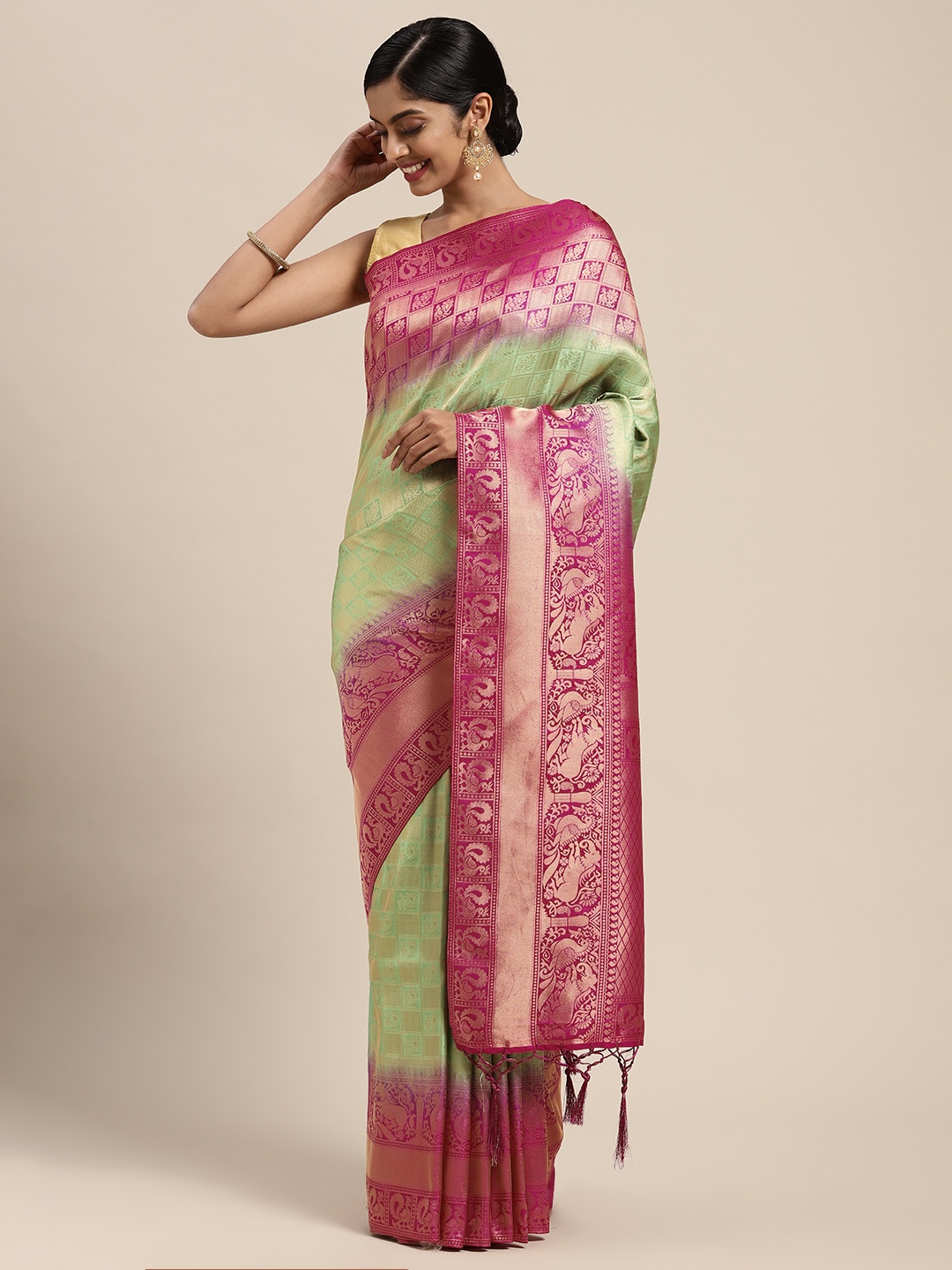 

Mitera Green & Pink Woven Design Zari Silk Blend Saree