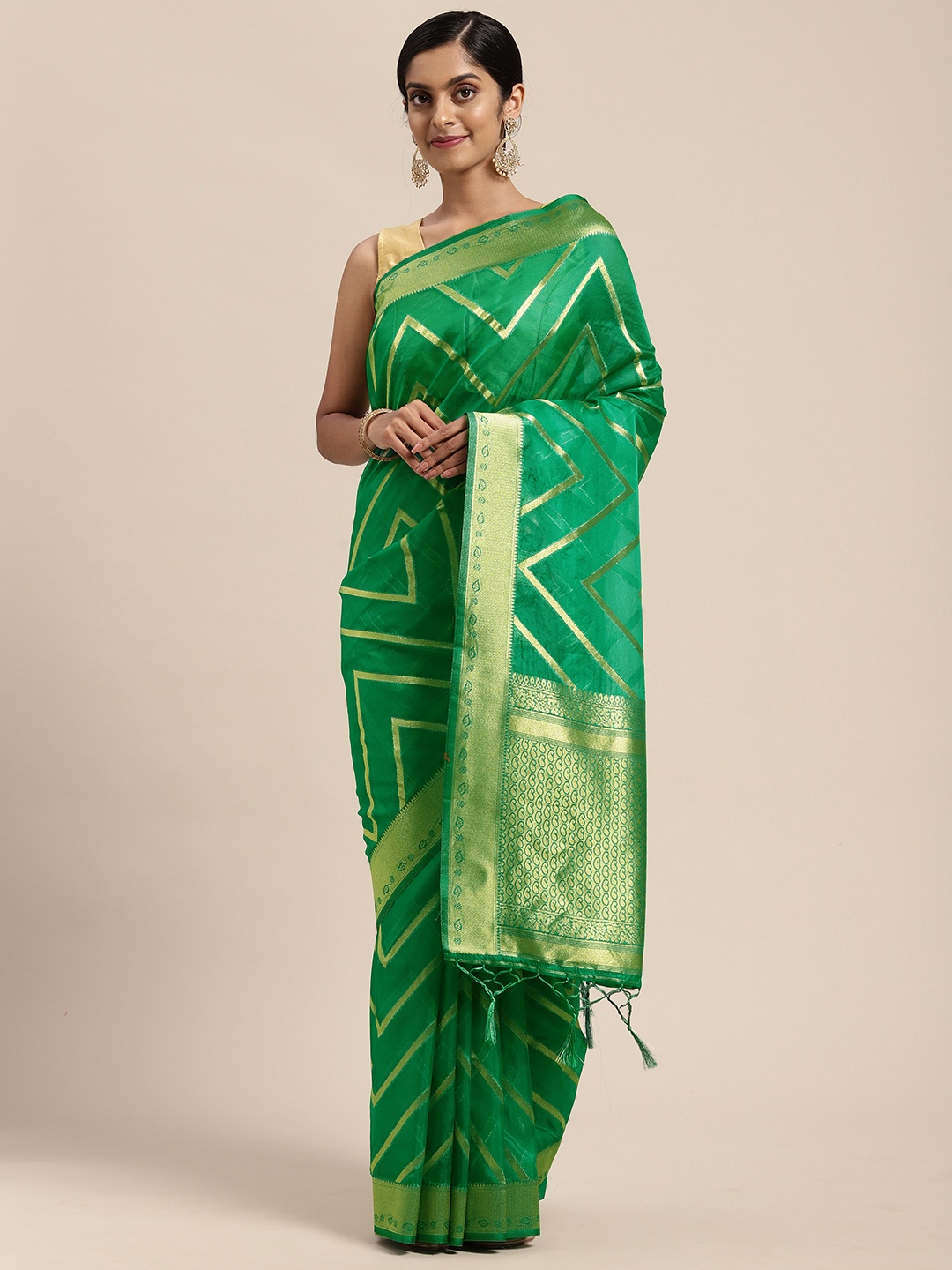 

Mitera Green Woven Design Zari Organza Saree