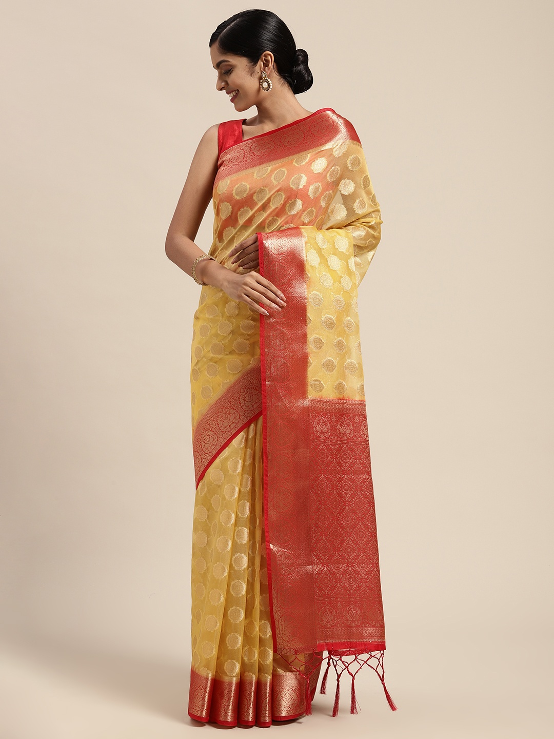 

Mitera Yellow & Red Woven Design Zari Organza Saree