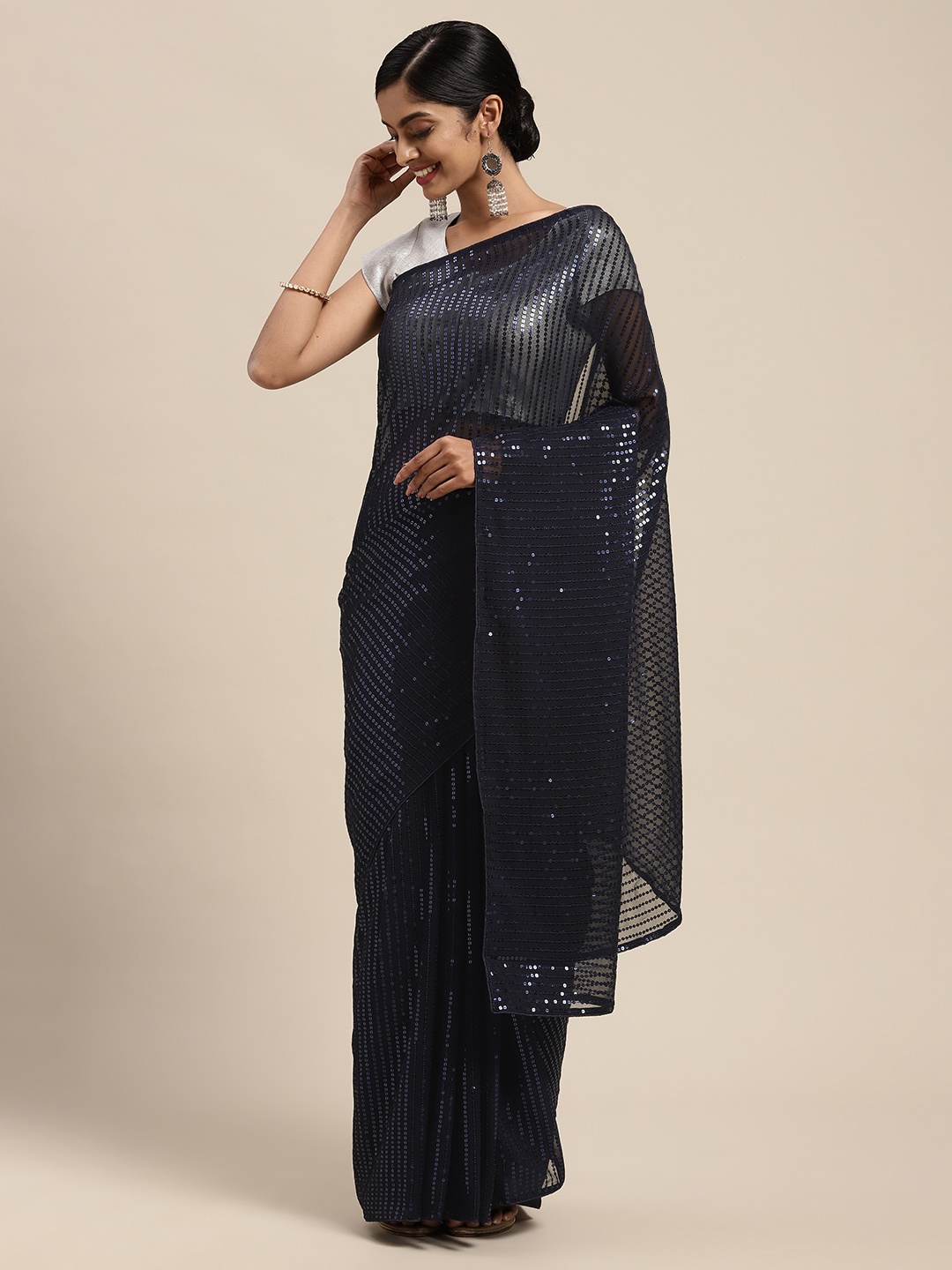 

Mitera Navy Blue Striped Sequinned Saree