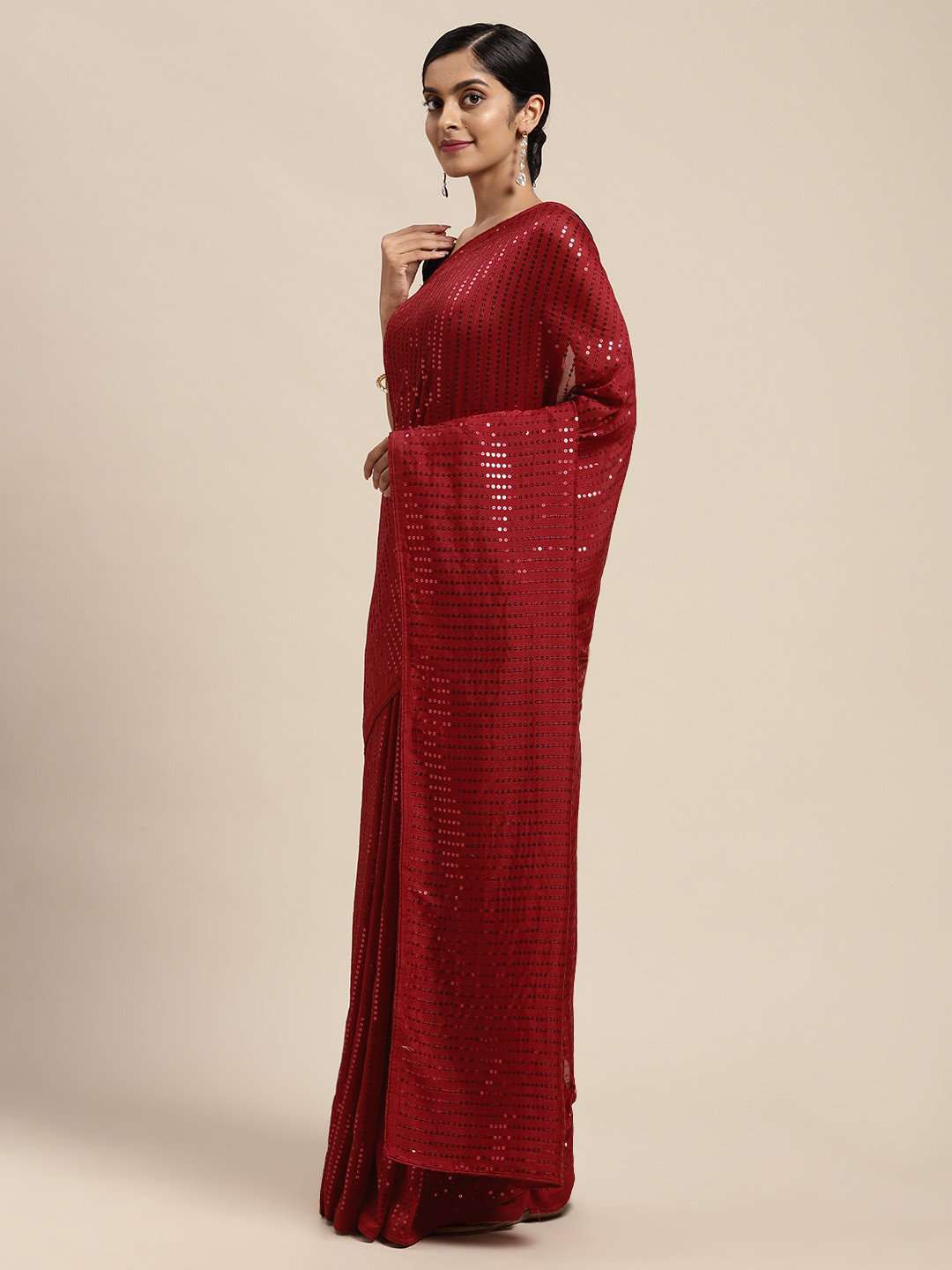 

Mitera Red Striped Sequinned Saree