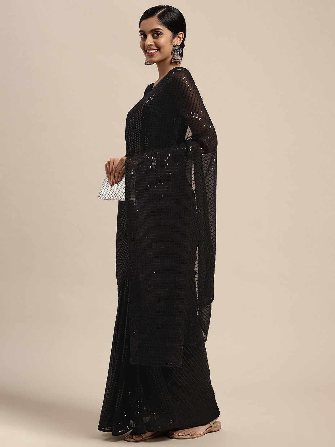 

Mitera Black Striped Sequinned Saree