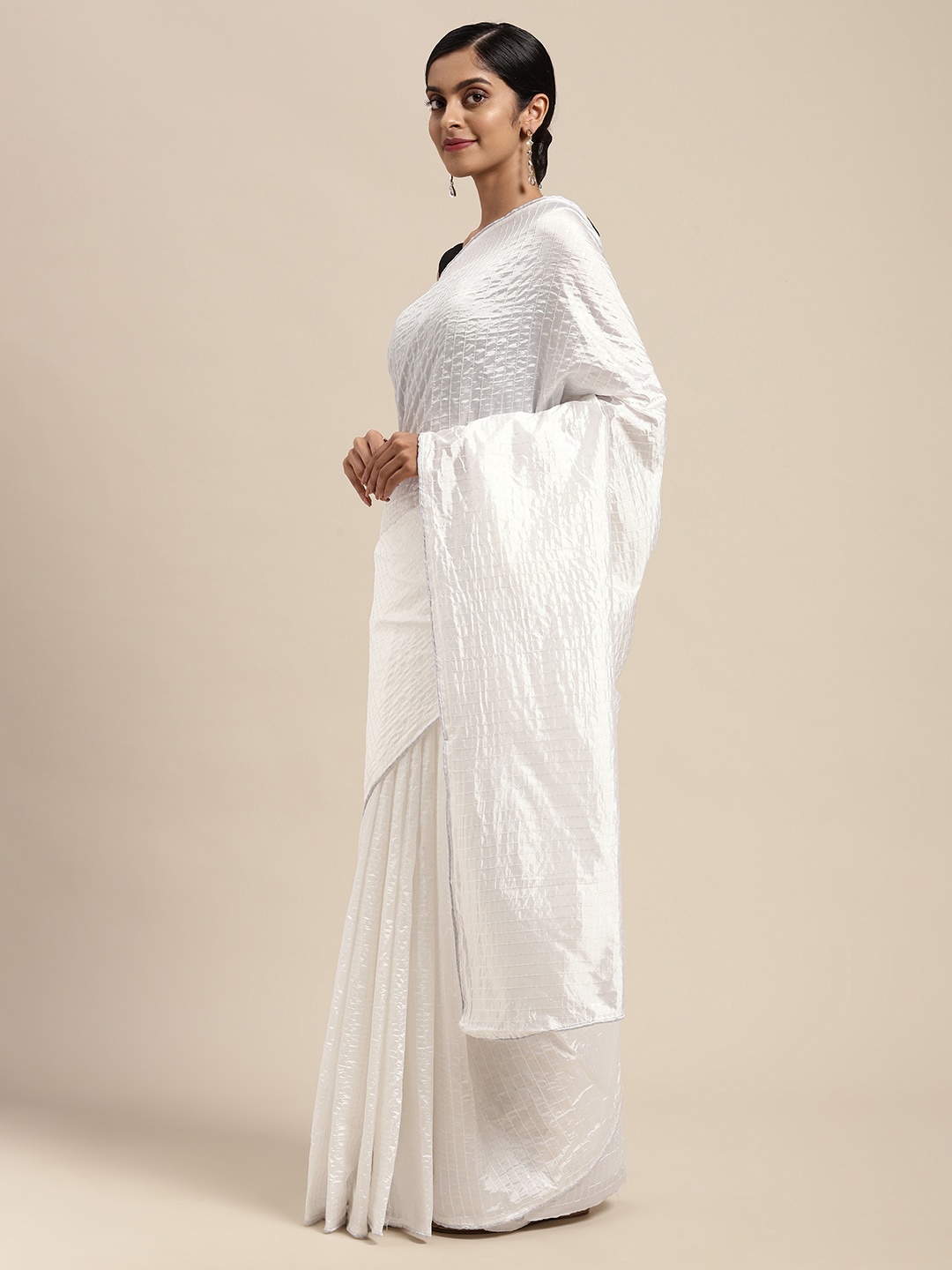 

Mitera White Striped Sequinned Saree