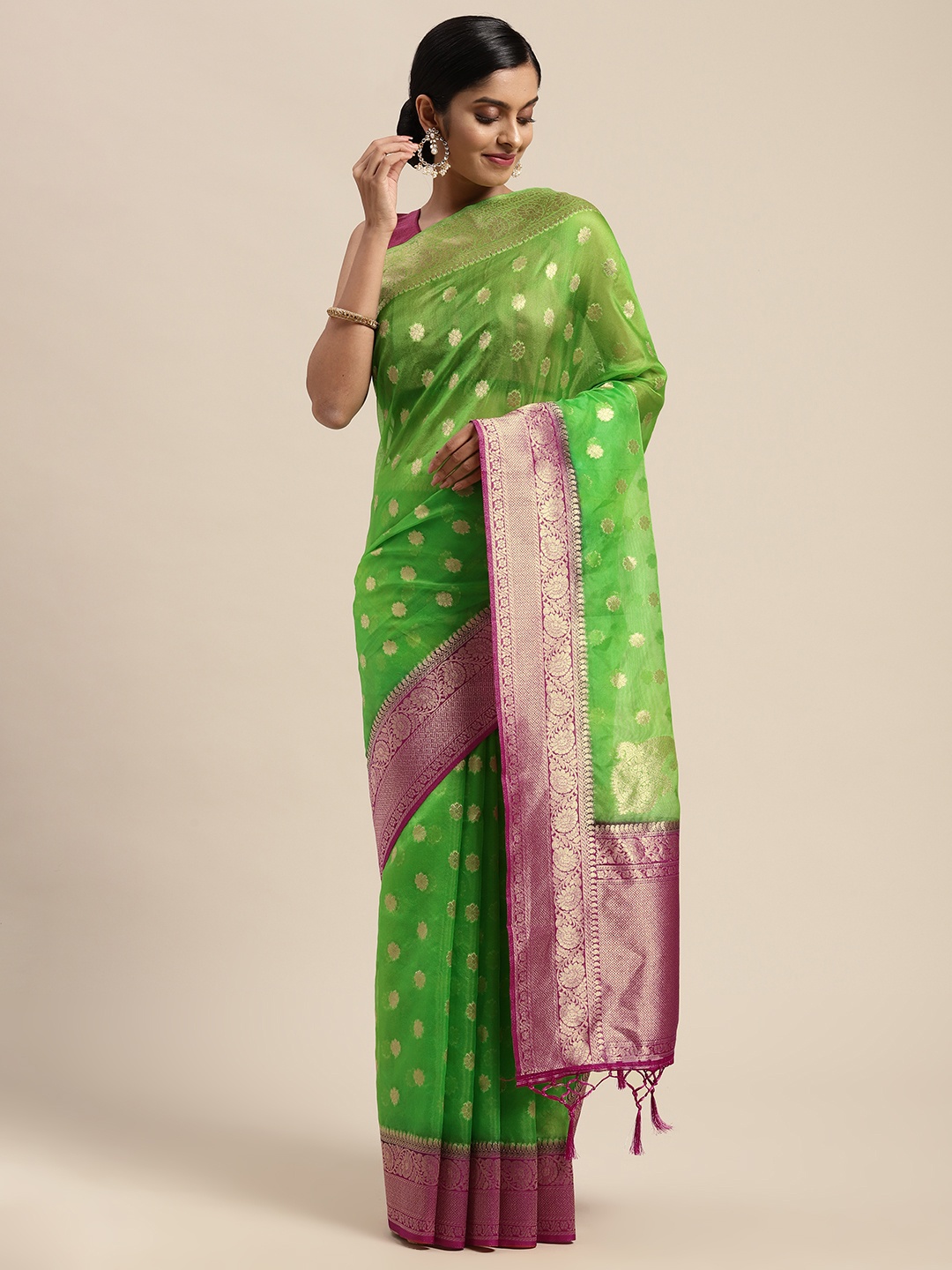 

Mitera Green & Pink Woven Design Zari Silk Blend Banarasi Saree