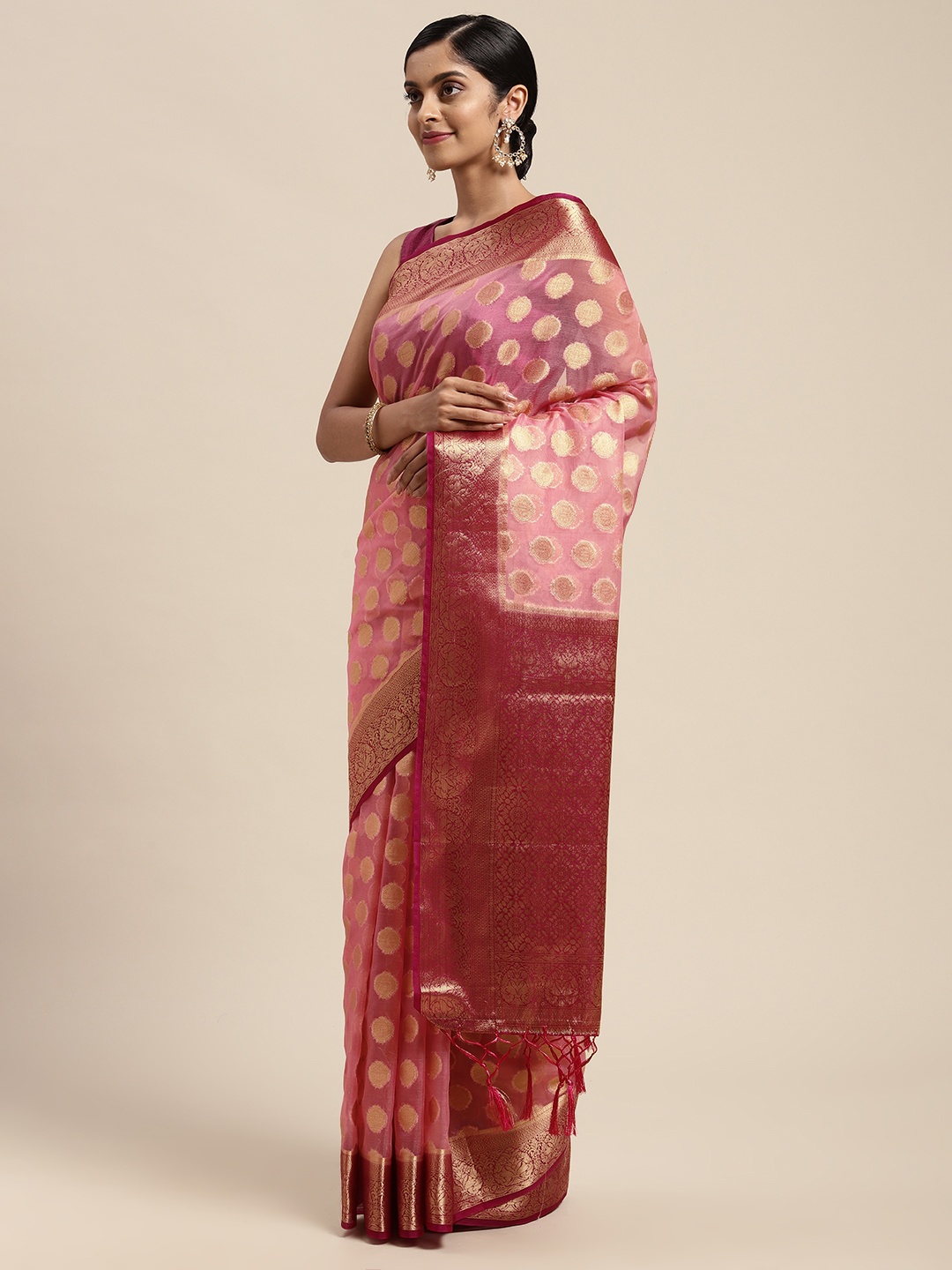 

Mitera Pink Woven Design Zari Silk Blend Banarasi Saree