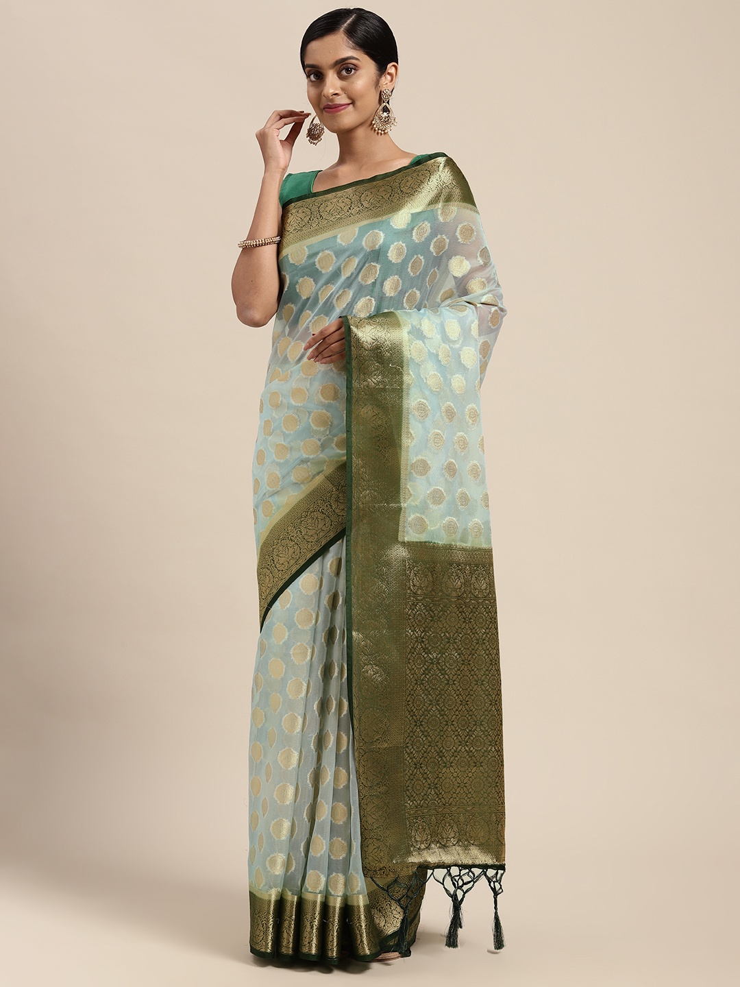 

Mitera Sea Green & Green Woven Design Zari Organza Saree
