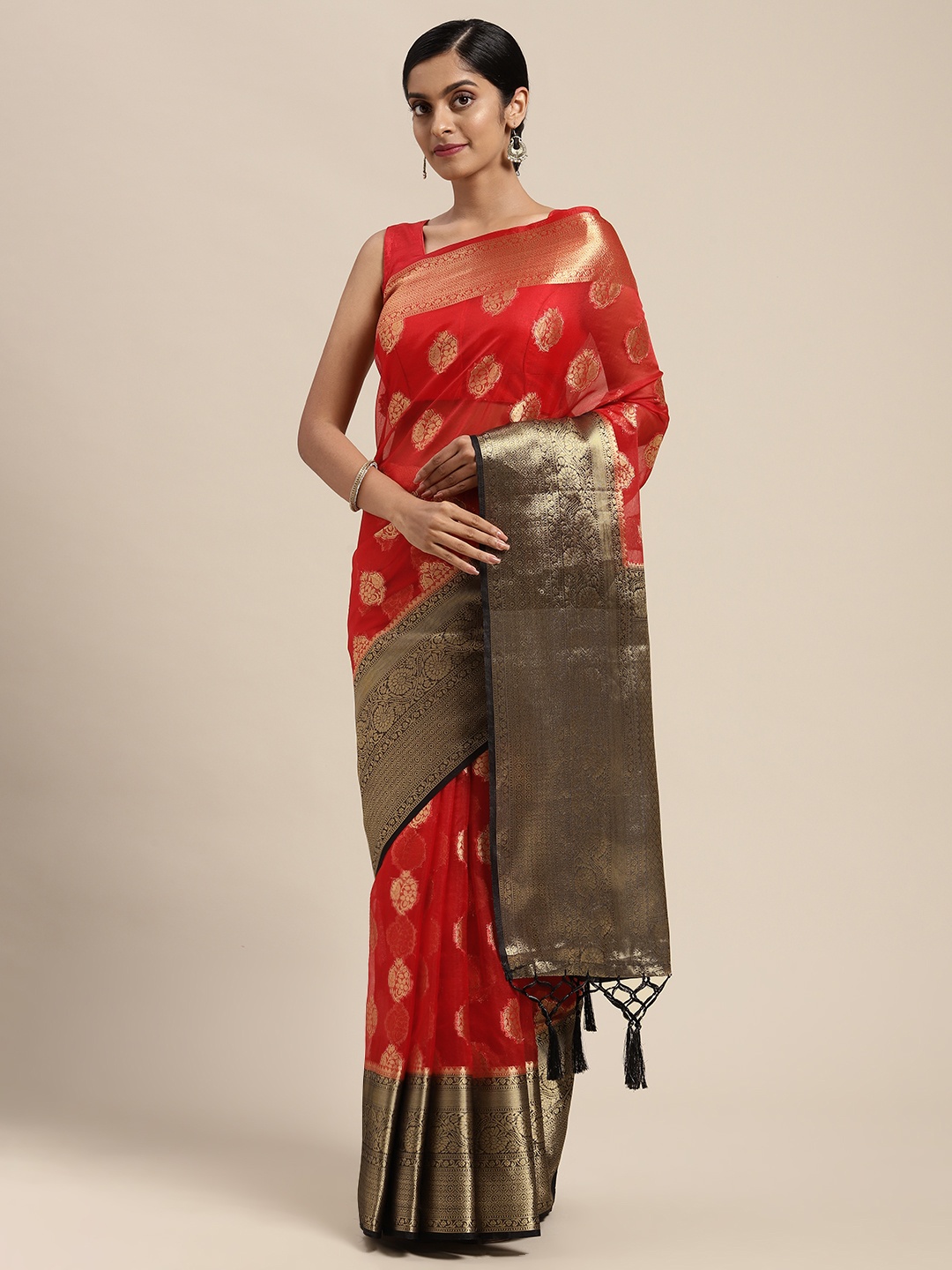 

Mitera Red Woven Design Zari Organza Saree