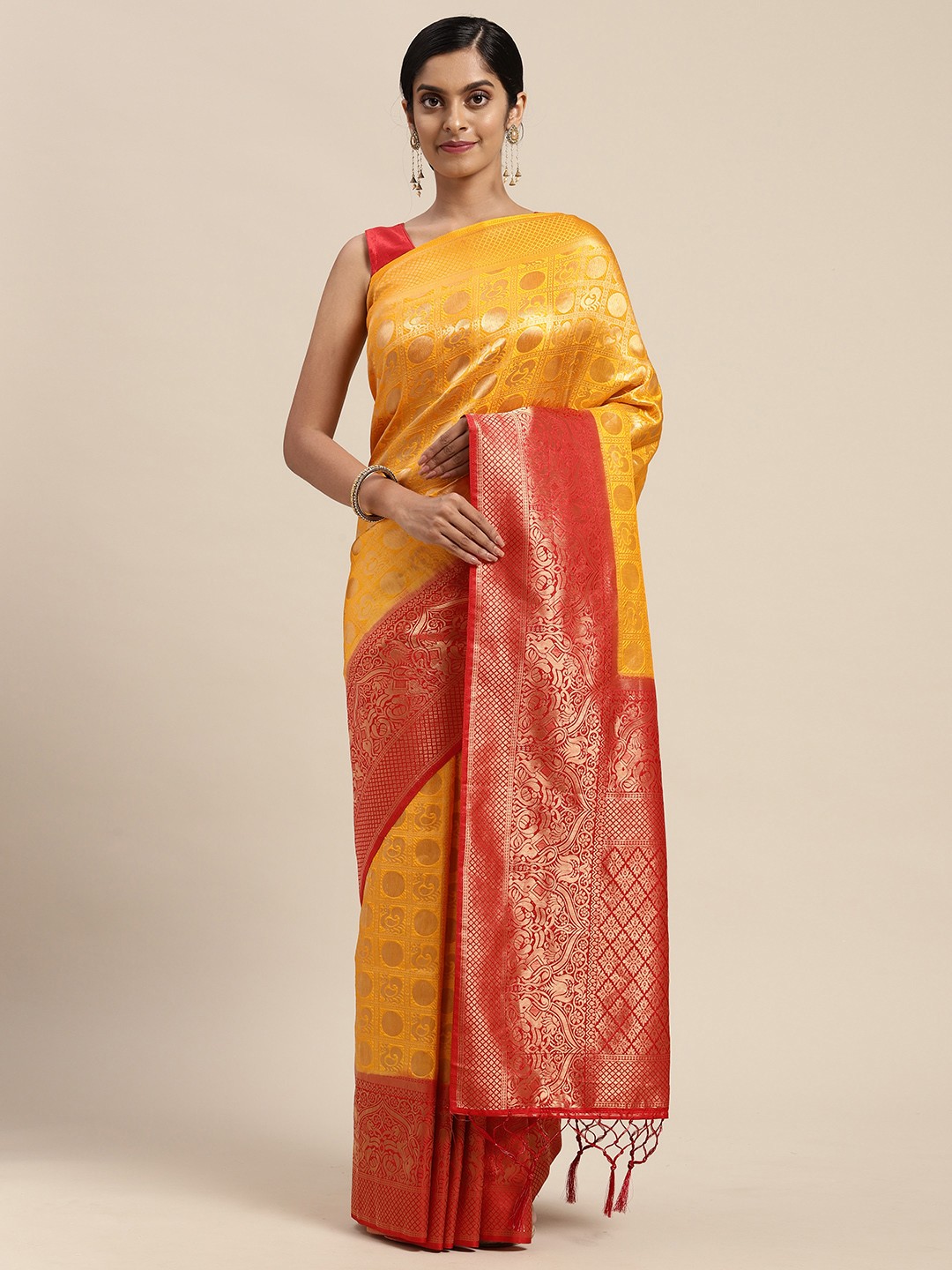 

Mitera Yellow & Red Woven Design Zari Silk Blend Saree