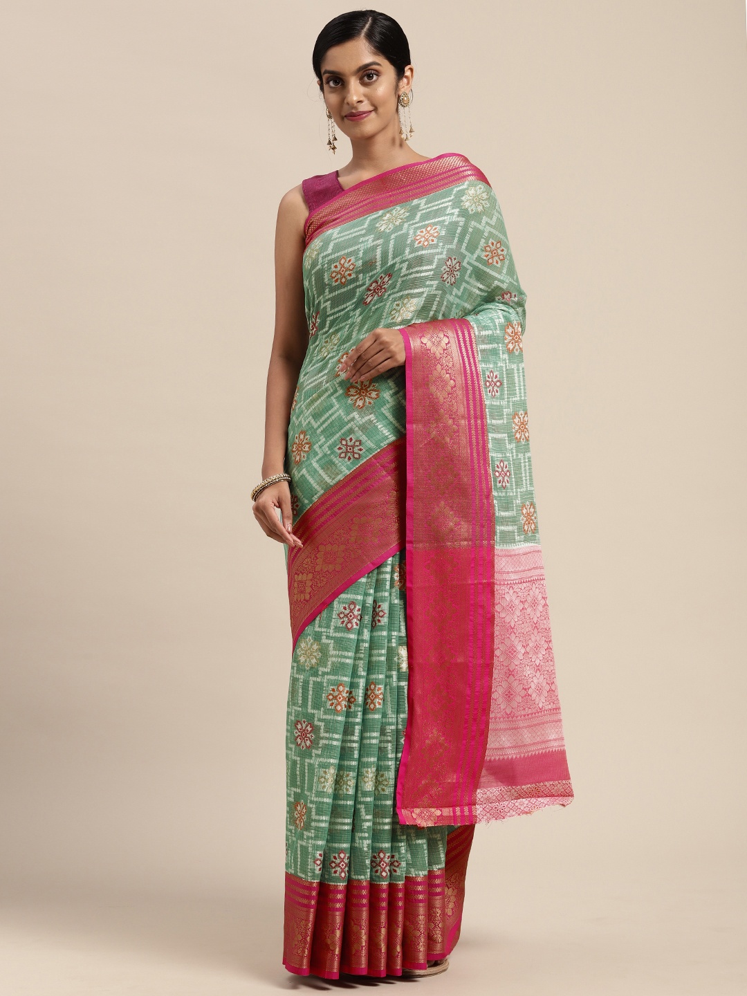 

Mitera Teal & Pink Woven Design Zari Silk Cotton Saree