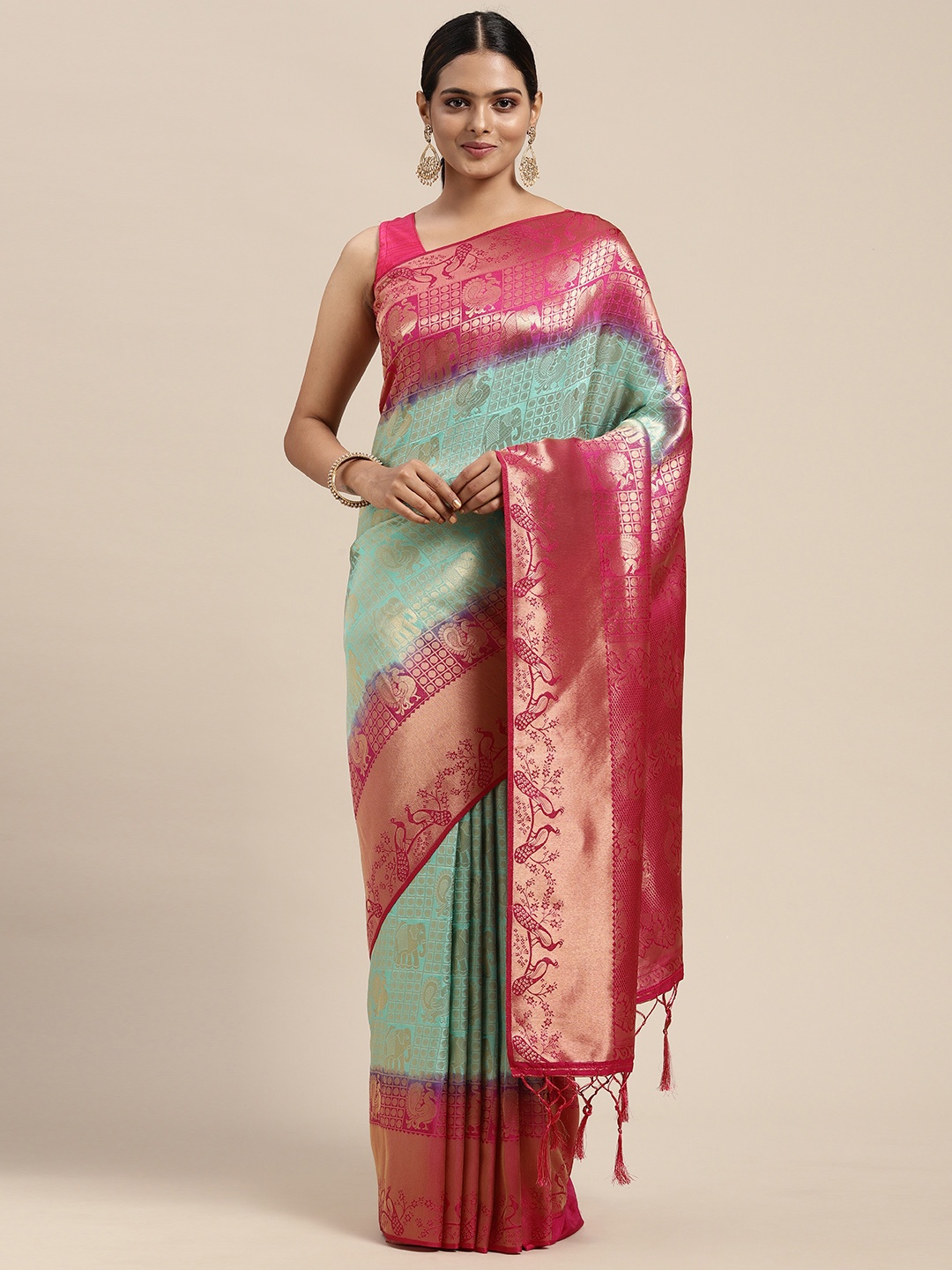 

Mitera Teal & Pink Woven Design Zari Silk Blend Banarasi Saree