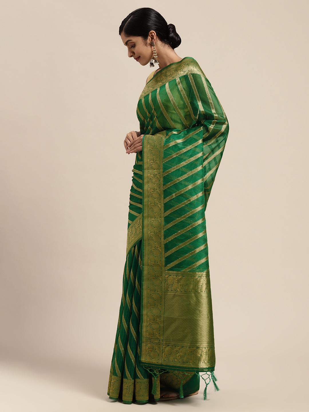 

Mitera Green Woven Design Zari Organza Saree