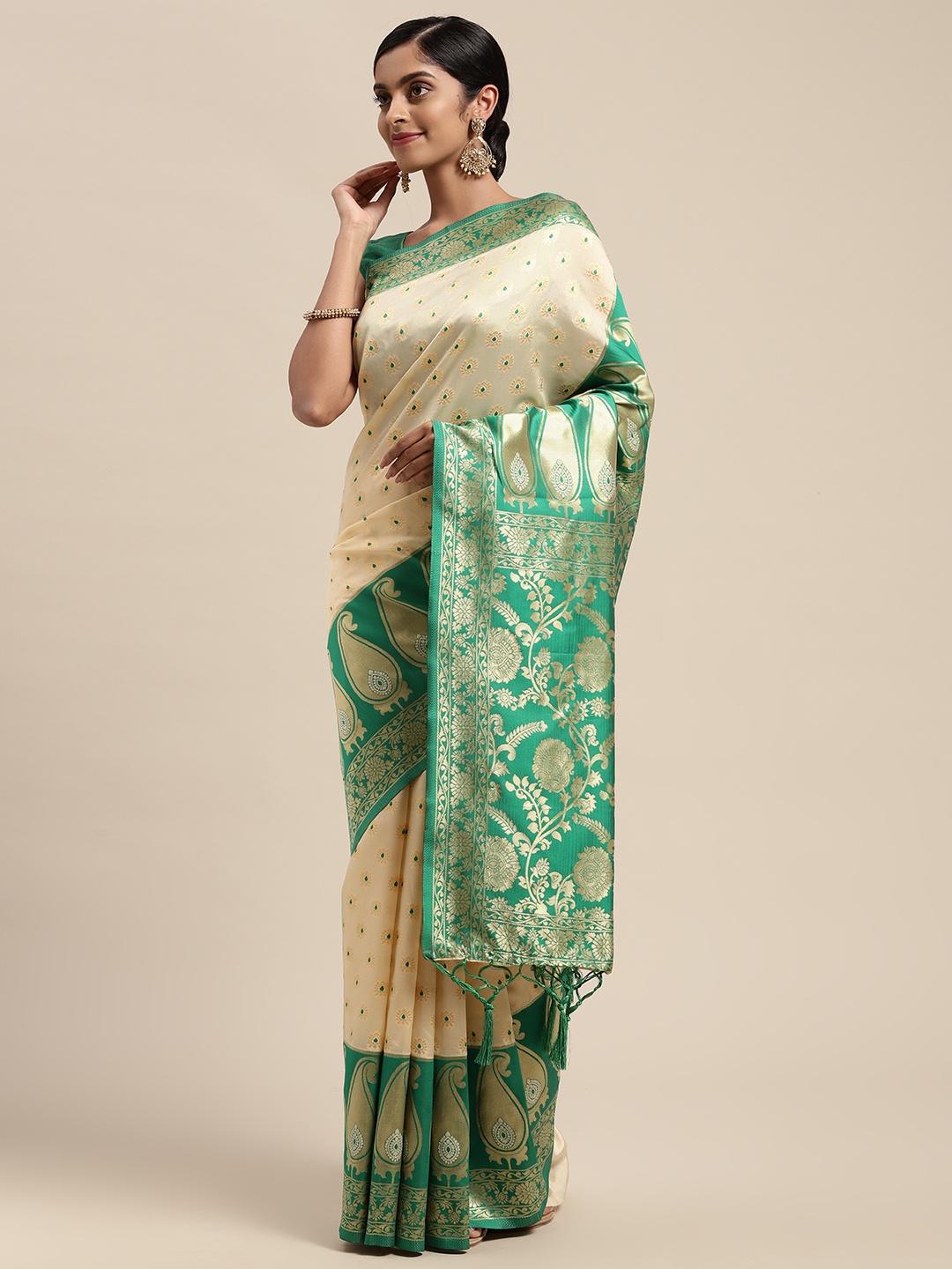 

Mitera Off White & Green Woven Design Zari Silk Blend Banarasi Saree