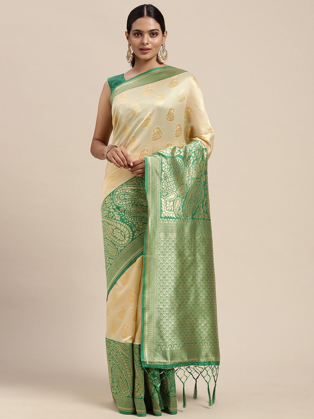 

Mitera Off White & Green Woven Design Zari Silk Blend Banarasi Saree