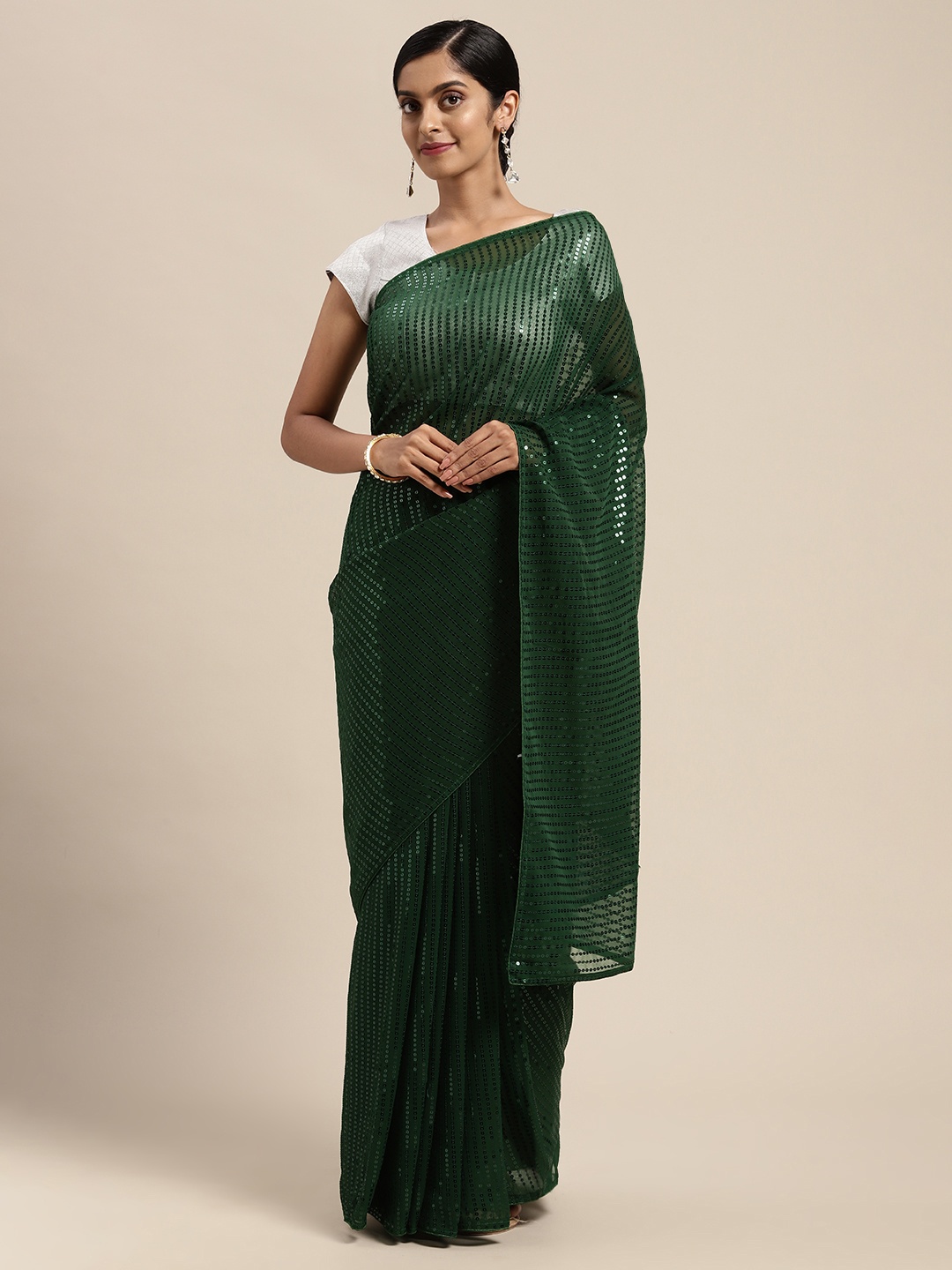 

Mitera Green Striped Sequinned Saree