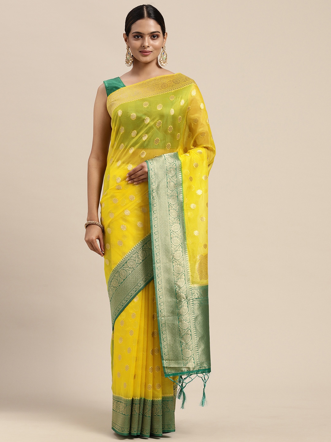 

Mitera Yellow & Green Woven Design Zari Organza Saree