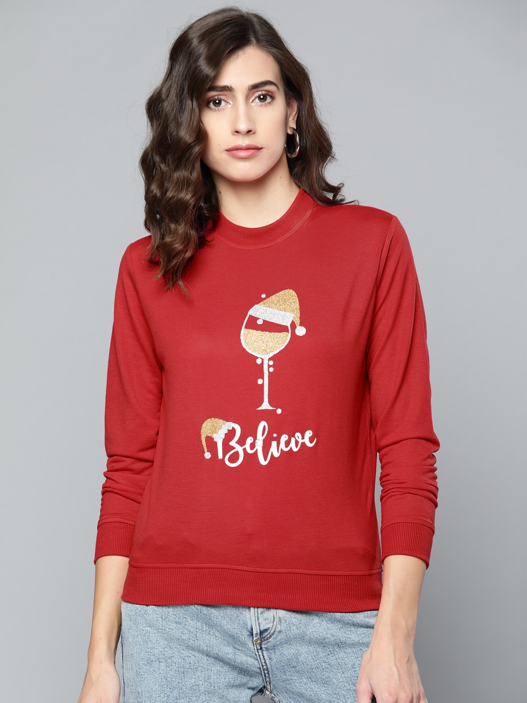 

SASSAFRAS Women Red Printed Sweatshirt