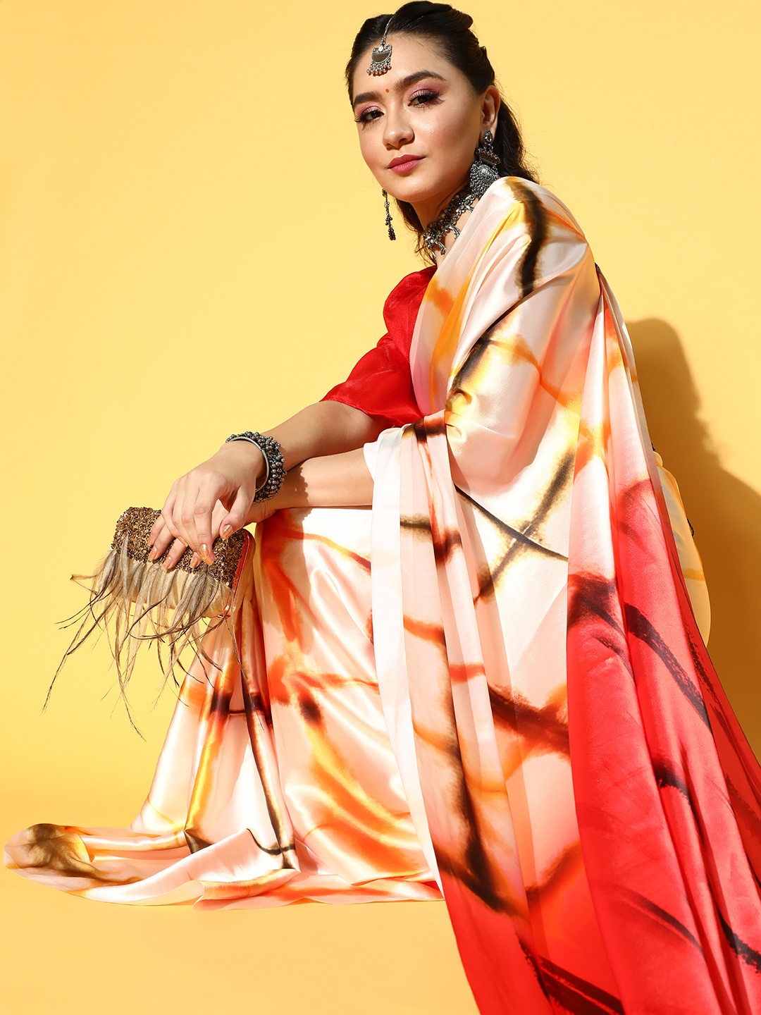 

Mitera Tie and Dye Satin Saree, Cream