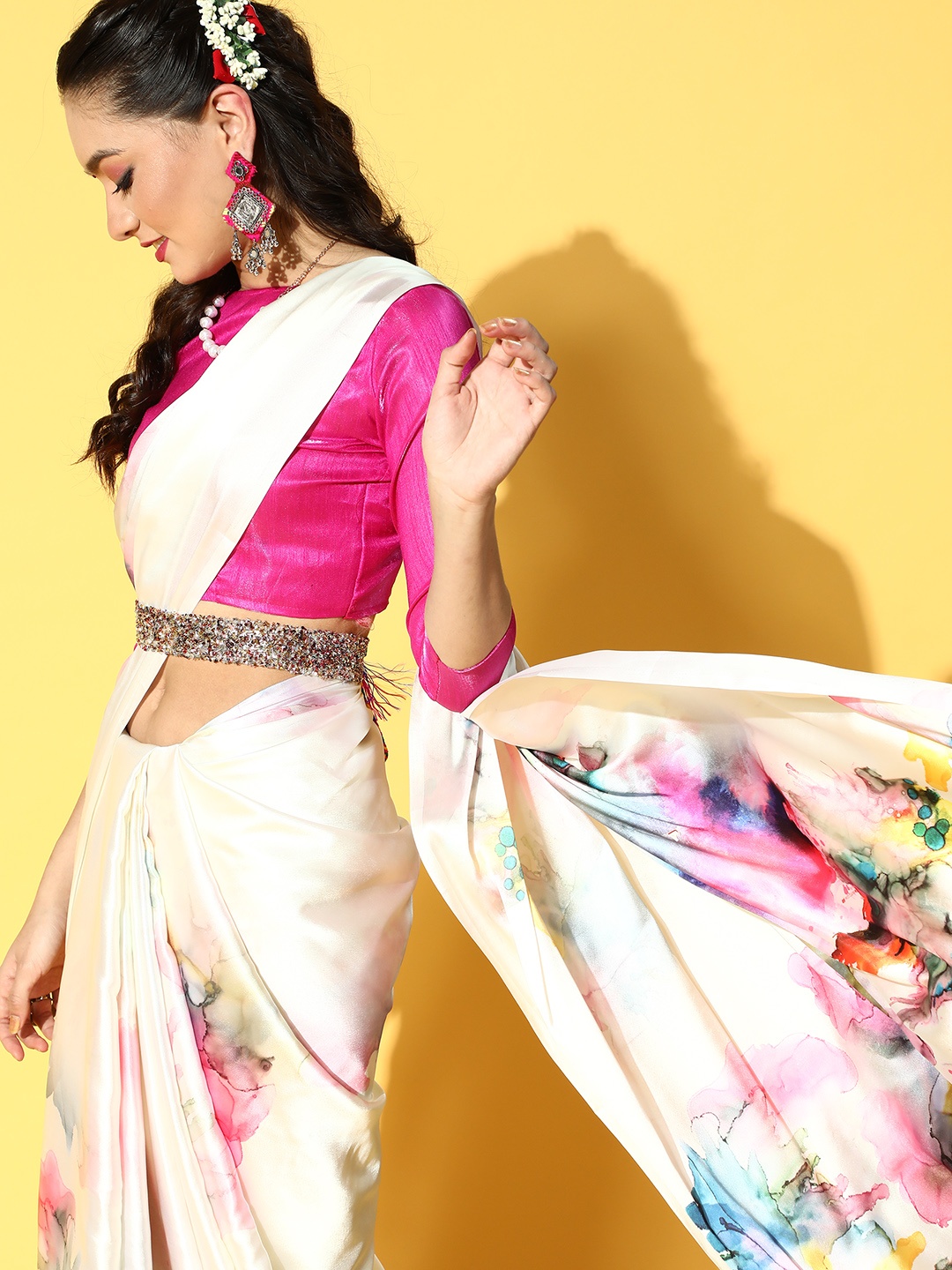 

Mitera Tie and Dye Satin Saree, Cream