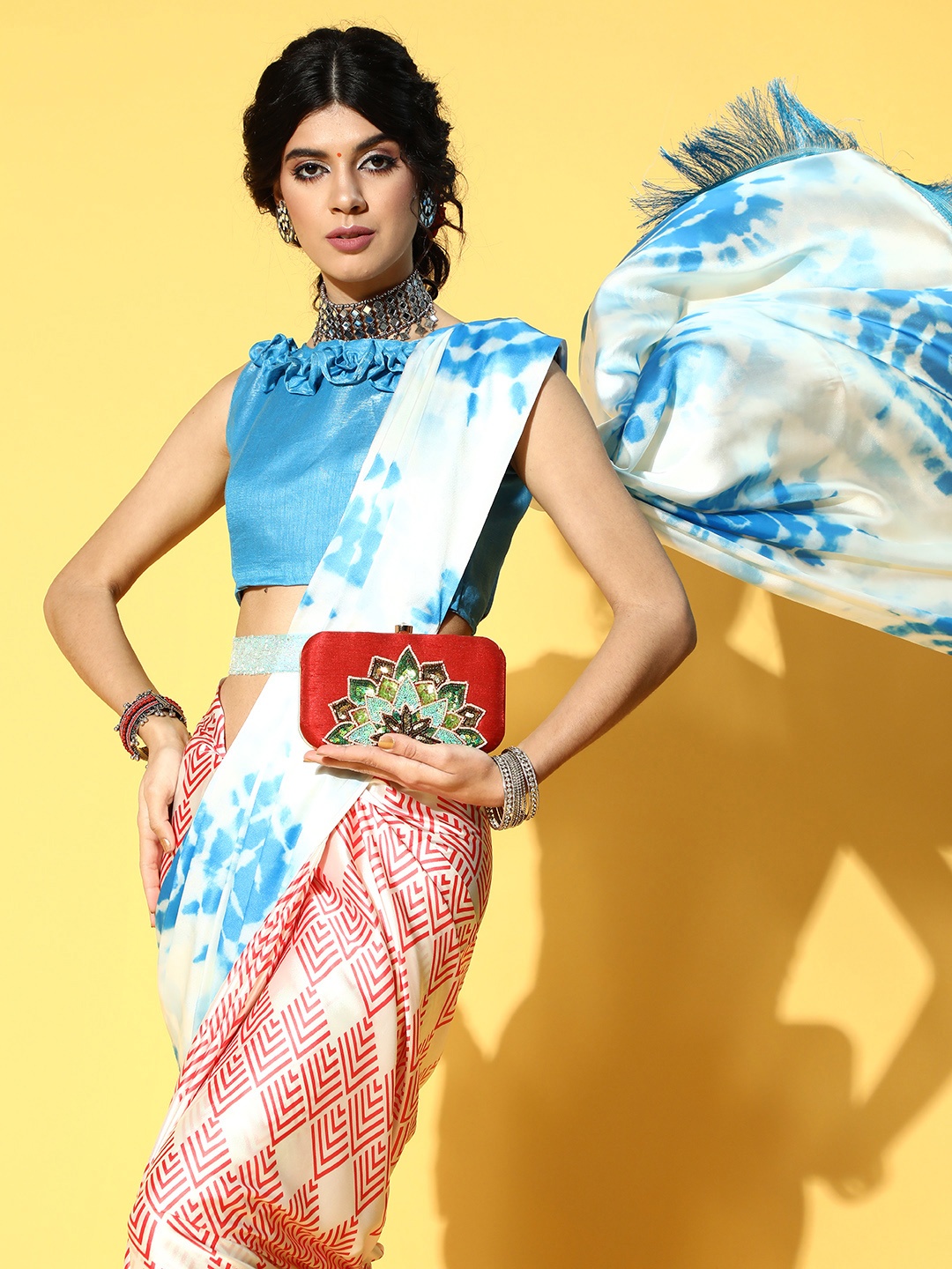 

Mitera Geometric Satin Saree with Embellished Border, Blue