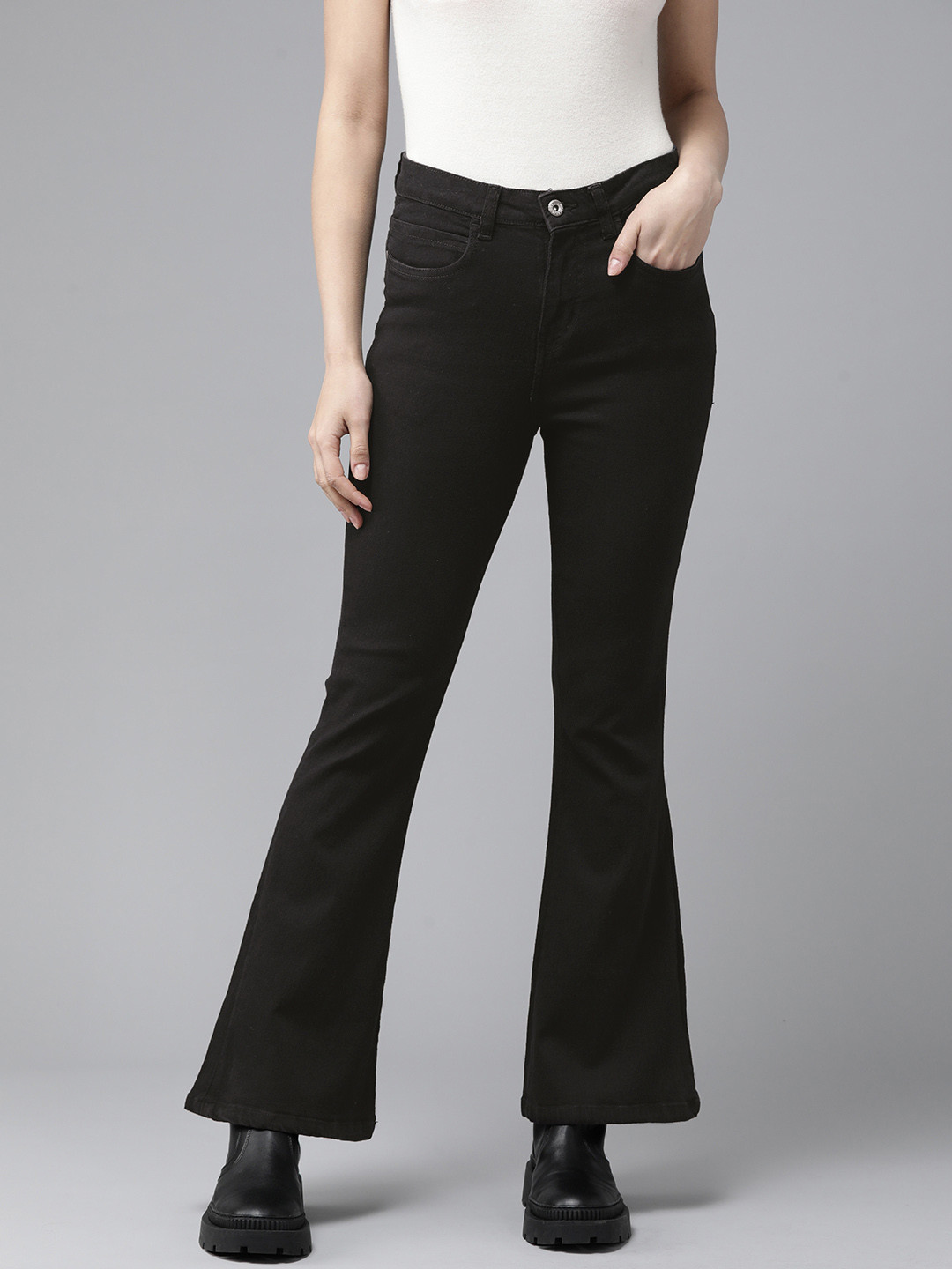 

The Roadster Lifestyle Co Women Jet Black Flared High-Rise Stretchable Jeans