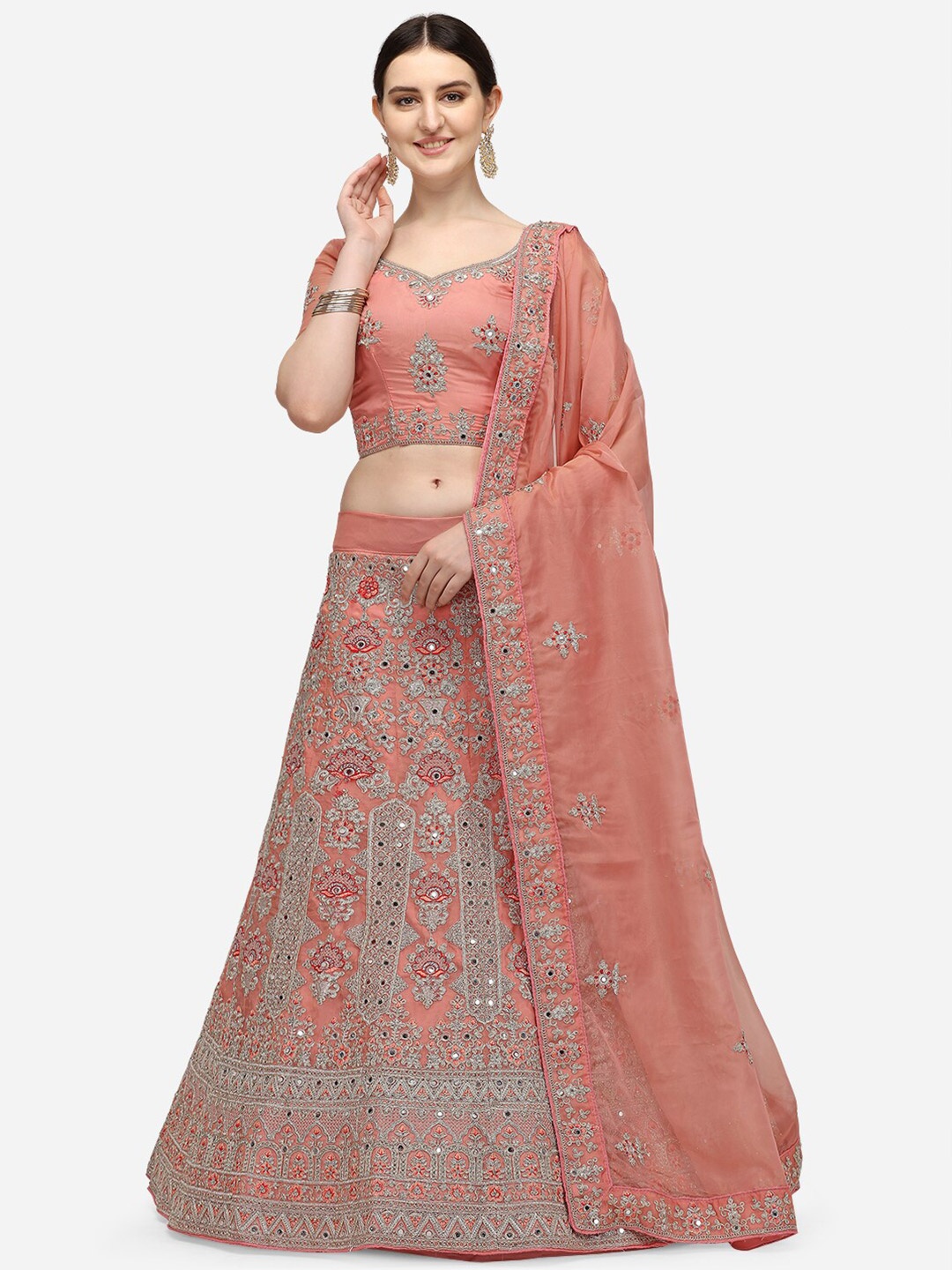 

Netram Pink & Silver Mirror Work Semi-Stitched Lehenga & Unstitched Blouse With Dupatta