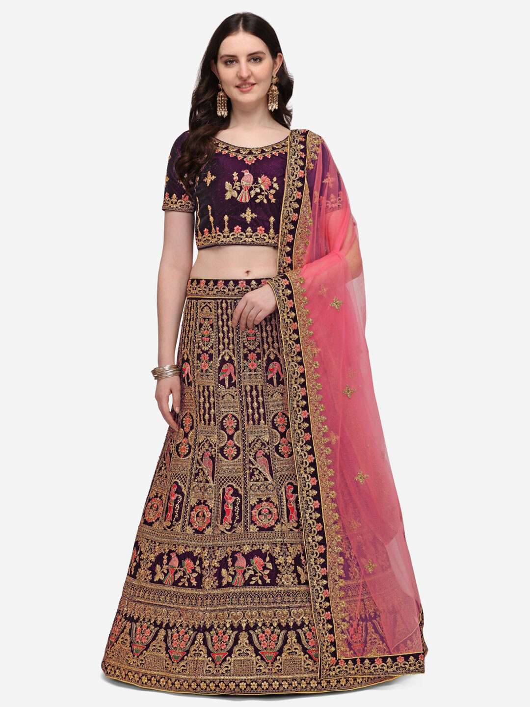 

Netram Women Purple & Pink Embroidered Velvet Semi Stitched Lehenga Choli & Dupatta