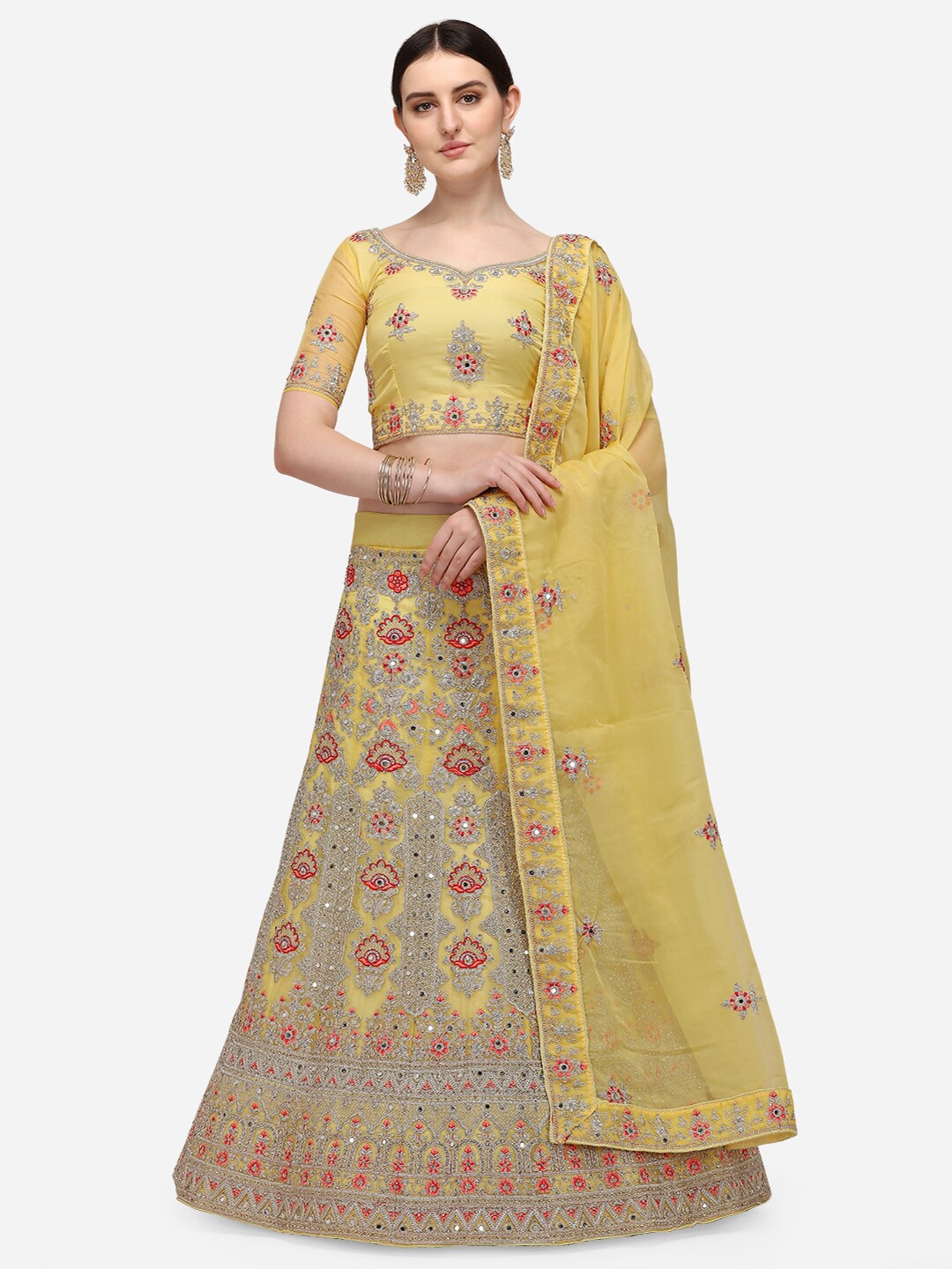 

Netram Lemon Yellow Embroidered Mirror Work Semi-Stitched Lehenga