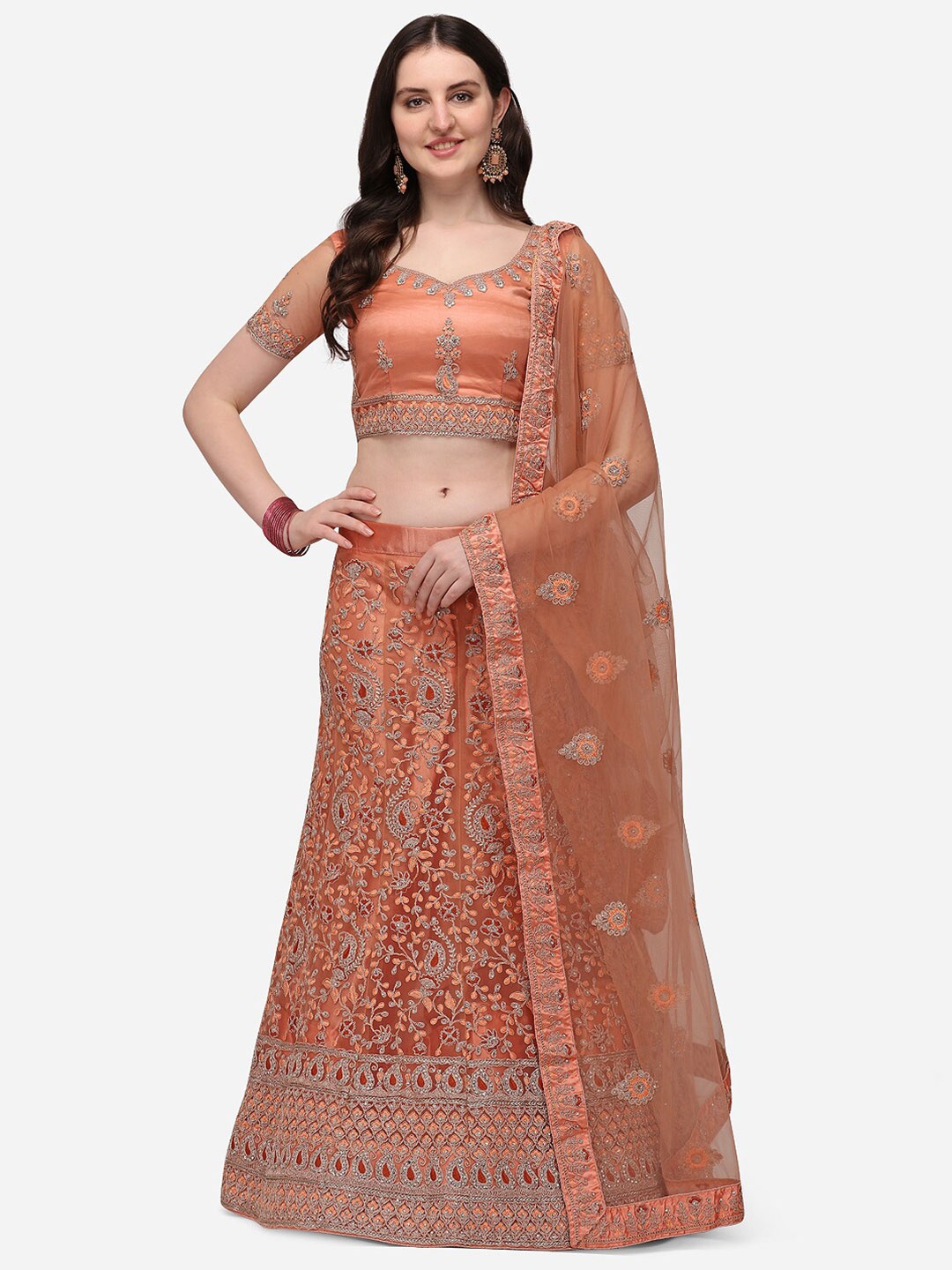 

Netram Peach-Coloured Embroidered Semi-Stitched Lehenga & Unstitched Blouse With Dupatta