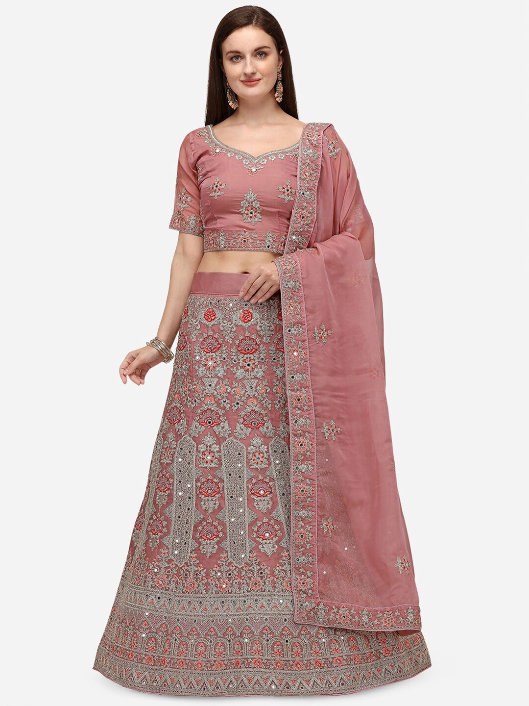 

Netram Lavender & Grey Embroidered Mirror Work Semi-Stitched Lehenga & Unstitched Blouse With Dupatta