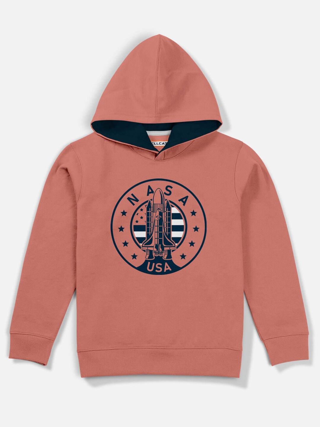 

HELLCAT Boys Peach & Navy Blue NASA Printed Hooded Sweatshirt