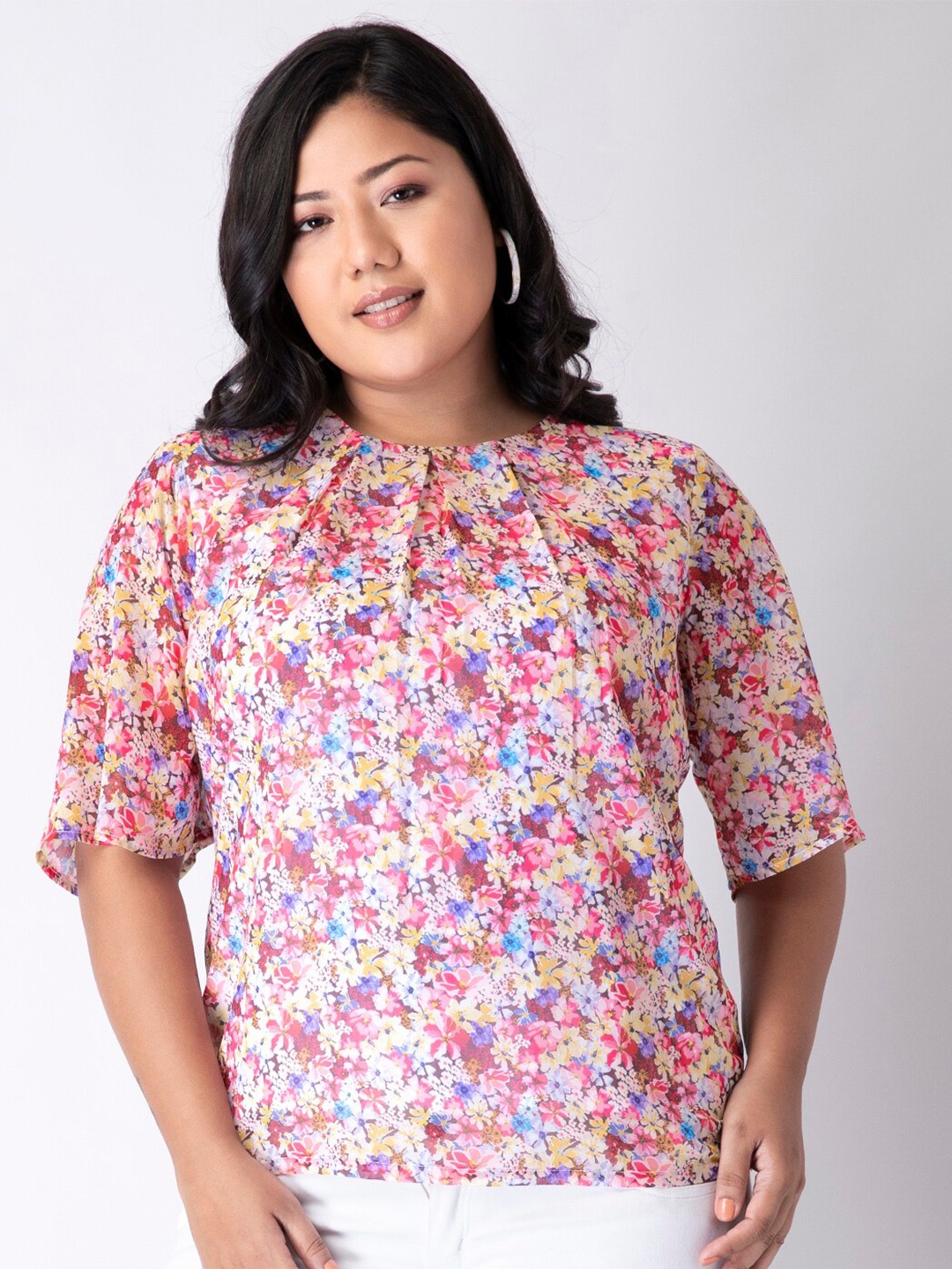 

FabAlley Curve Multicoloured Floral Georgette Regular Top, Multi