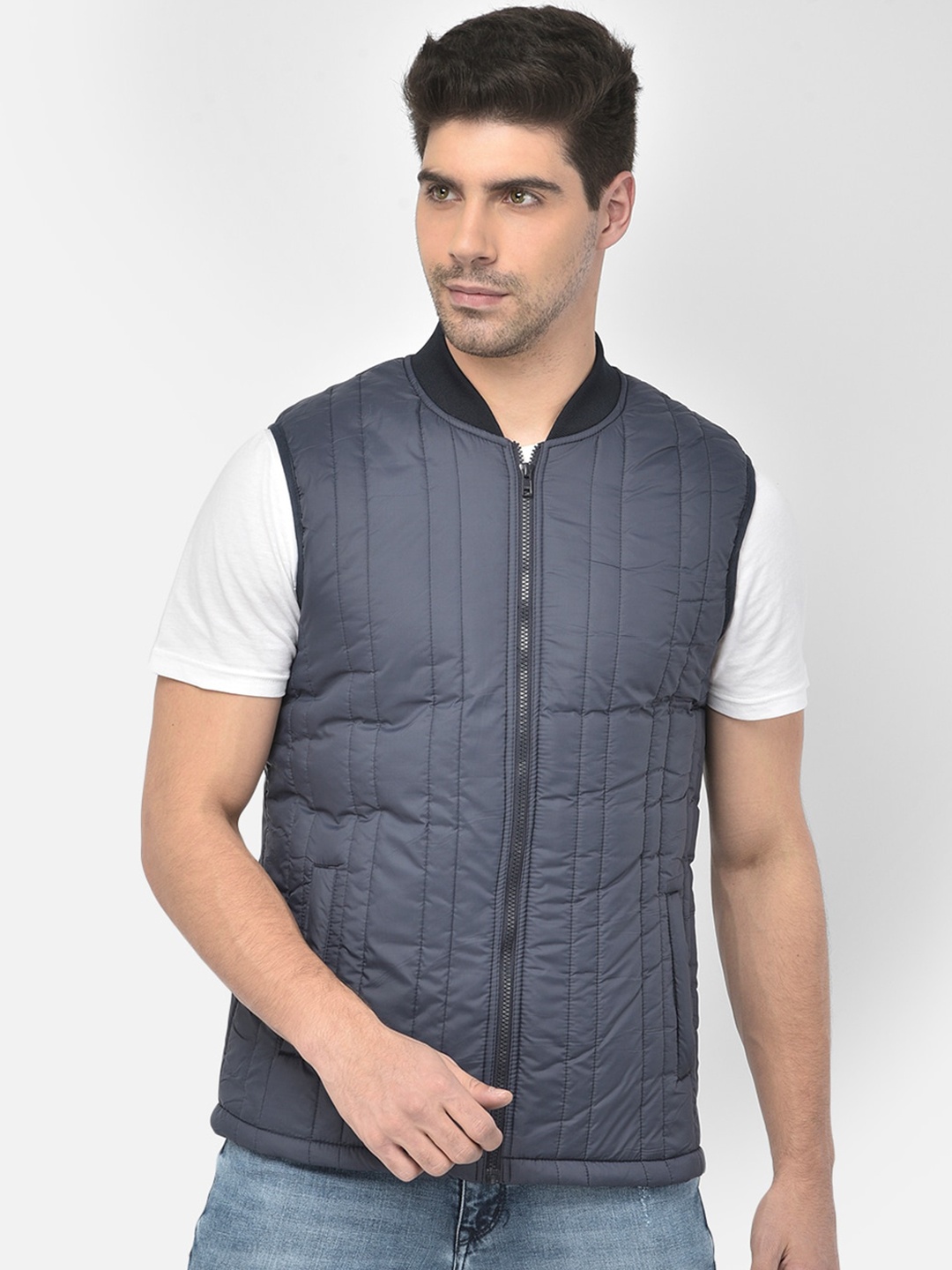 

Richlook Men Navy Blue Striped Lightweight Longline Padded Jacket